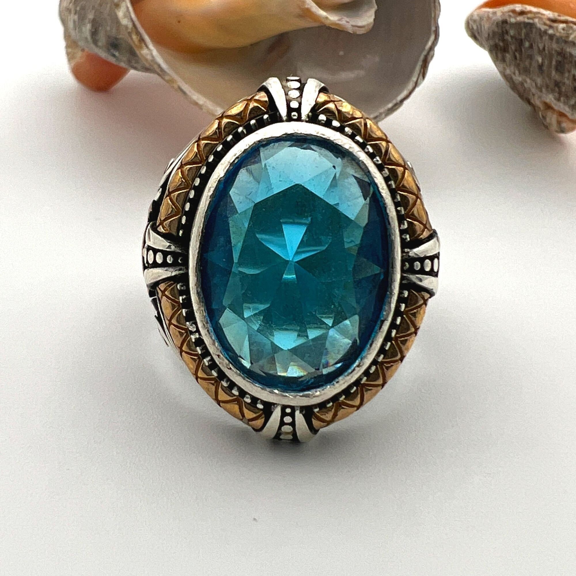 Men's Blue Aquamarine Stone Anchor Ring