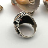 خاتم رجالي تركي مصنوع يدويًا من الفضة الإسترلينية 925 مع حجر الياقوت الأحمر ونسر برأسين بارز