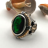 Green Emerald Stone Double Headed Eagle Silver Ring