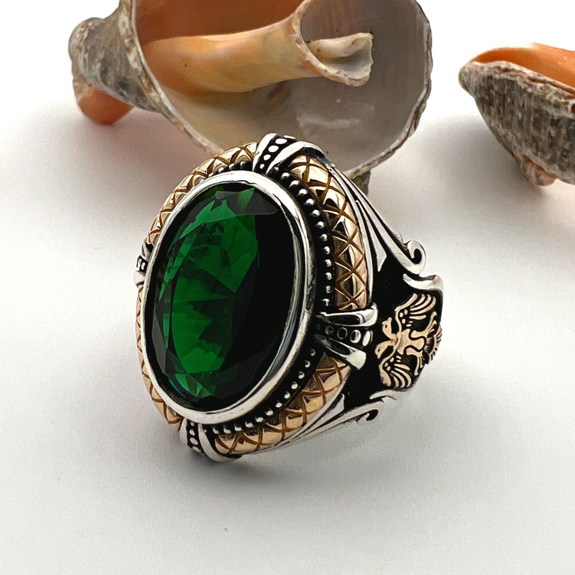 Green Emerald Stone Double Headed Eagle Silver Ring