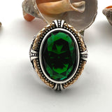 Green Emerald Stone Double Headed Eagle Silver Ring