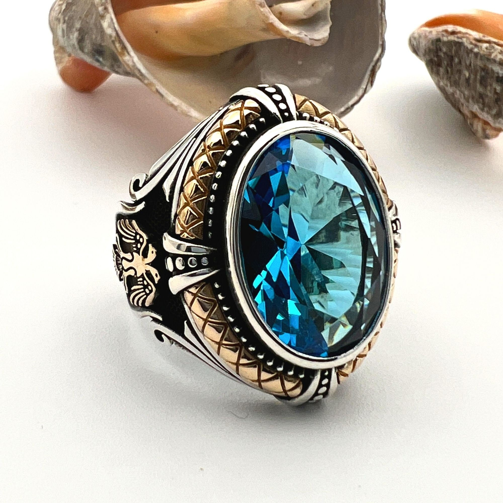 Handcrafted Men's 925 Sterling Silver Blue Aquamarine Double Headed Eagle Ring - Turkish Statement Jewelry