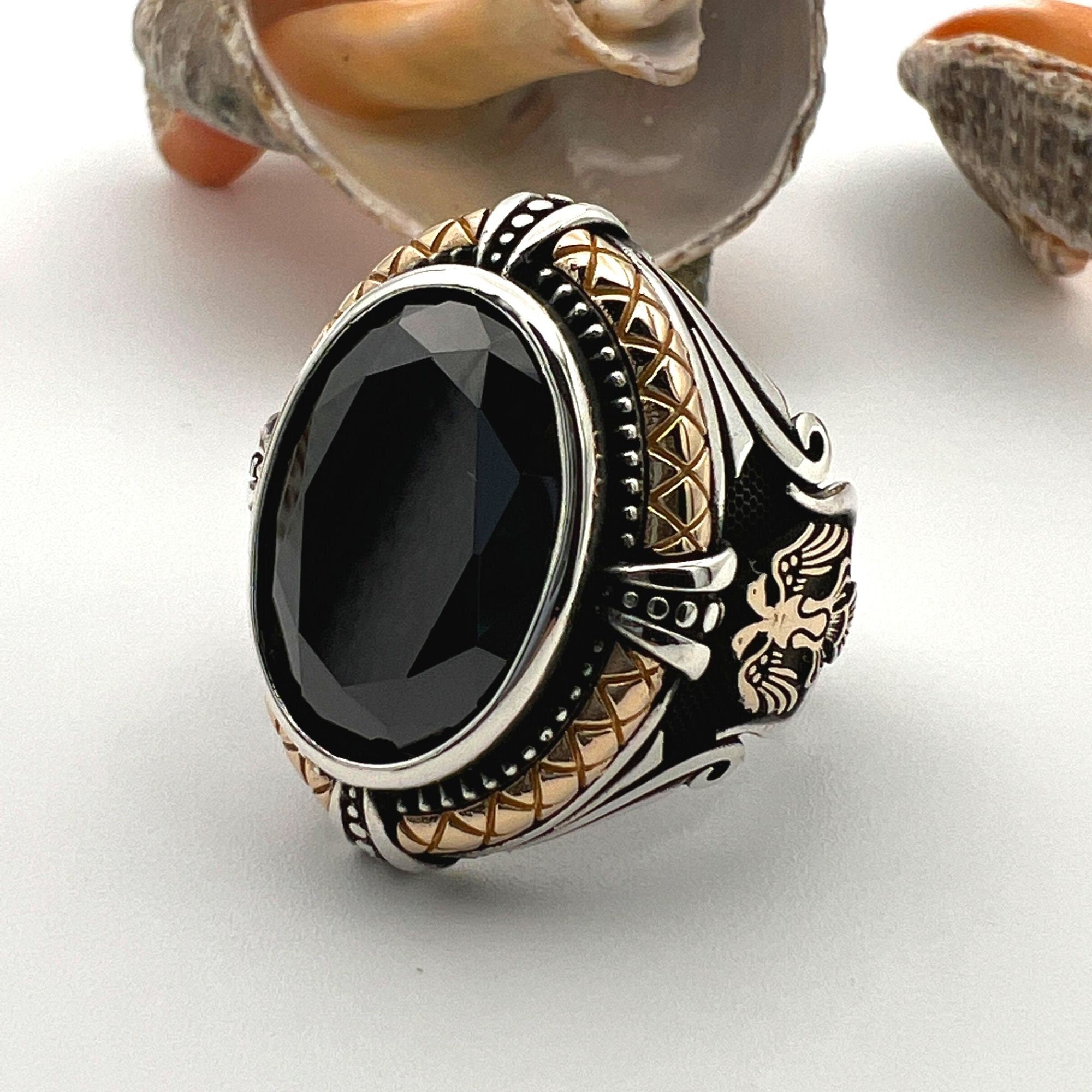 Black Onyx Stone Double Headed Eagle Men's Silver Ring