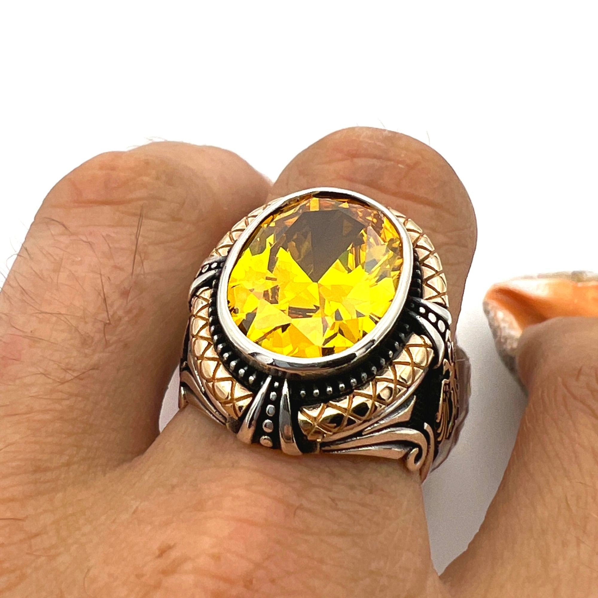 Handcrafted Men's Yellow Citrine Sterling Silver Ring - Authentic Turkish Artisan Jewelry
