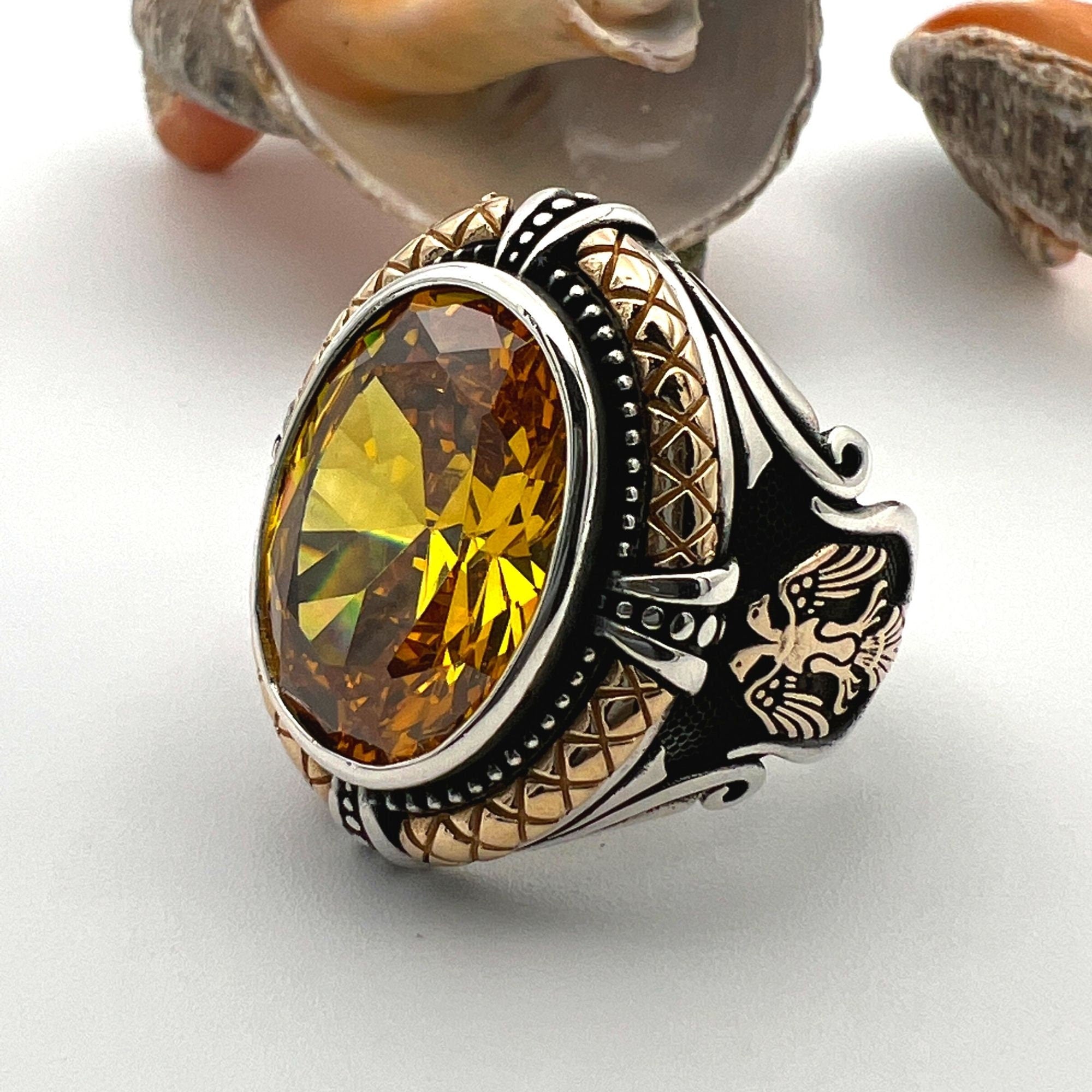 Turkish Handmade Sterling Silver Double Eagle Yellow Citrine Men's Statement Ring
