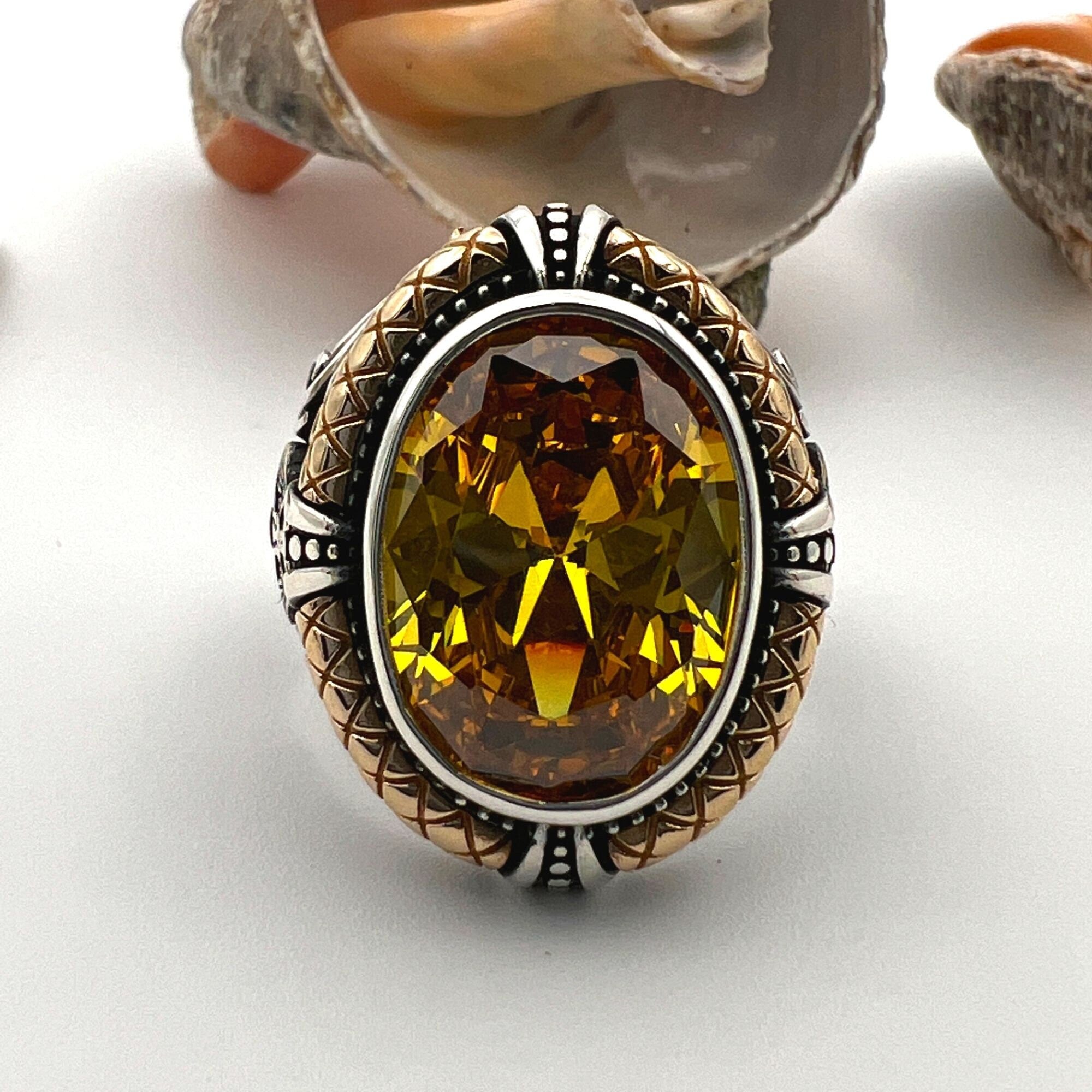 Handcrafted Men's Yellow Citrine Sterling Silver Ring - Authentic Turkish Artisan Jewelry