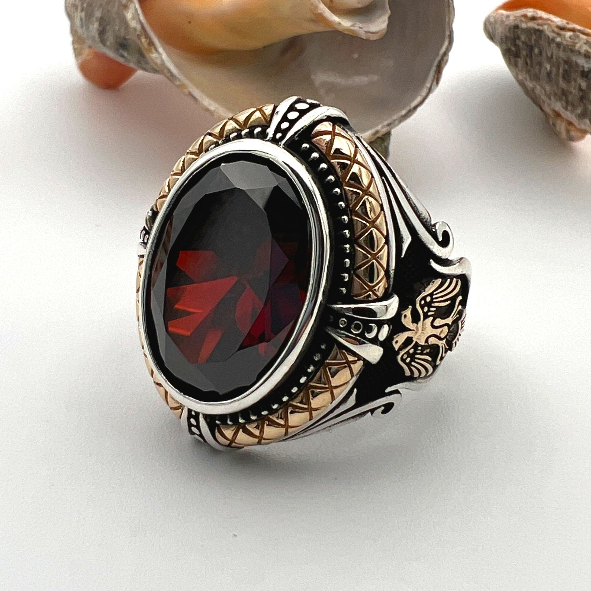 Authentic Turkish Handmade 925 Sterling Silver Red Ruby Double Headed Eagle Men's Statement Ring