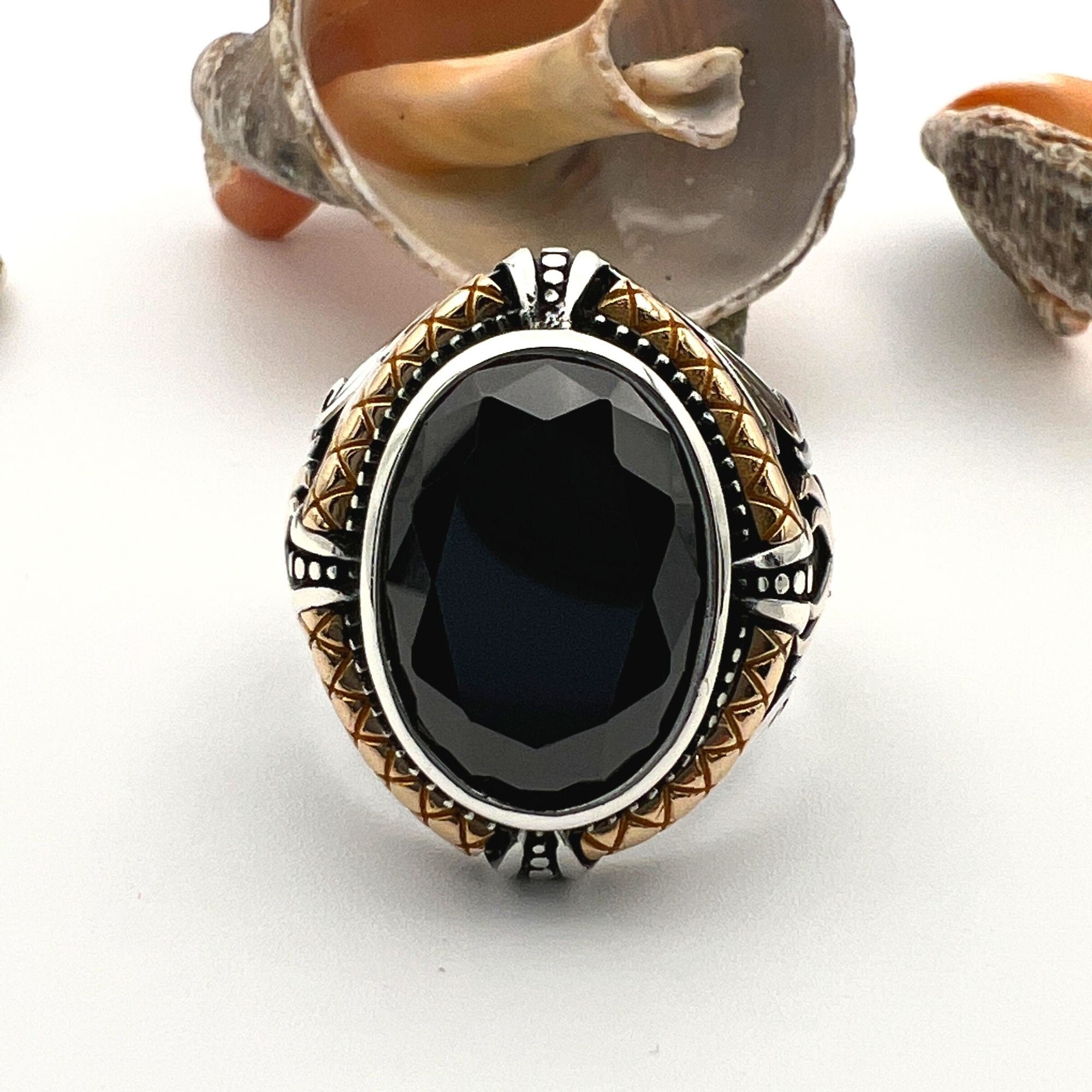 Handcrafted Men's Onyx 925 Sterling Silver Ring - Ottoman Style Turkish Jewelry