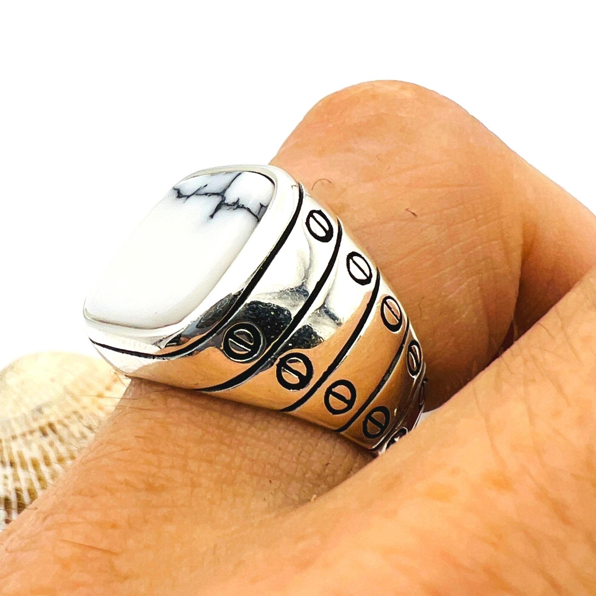 Men's White Turquoise Gemstone Silver Ring