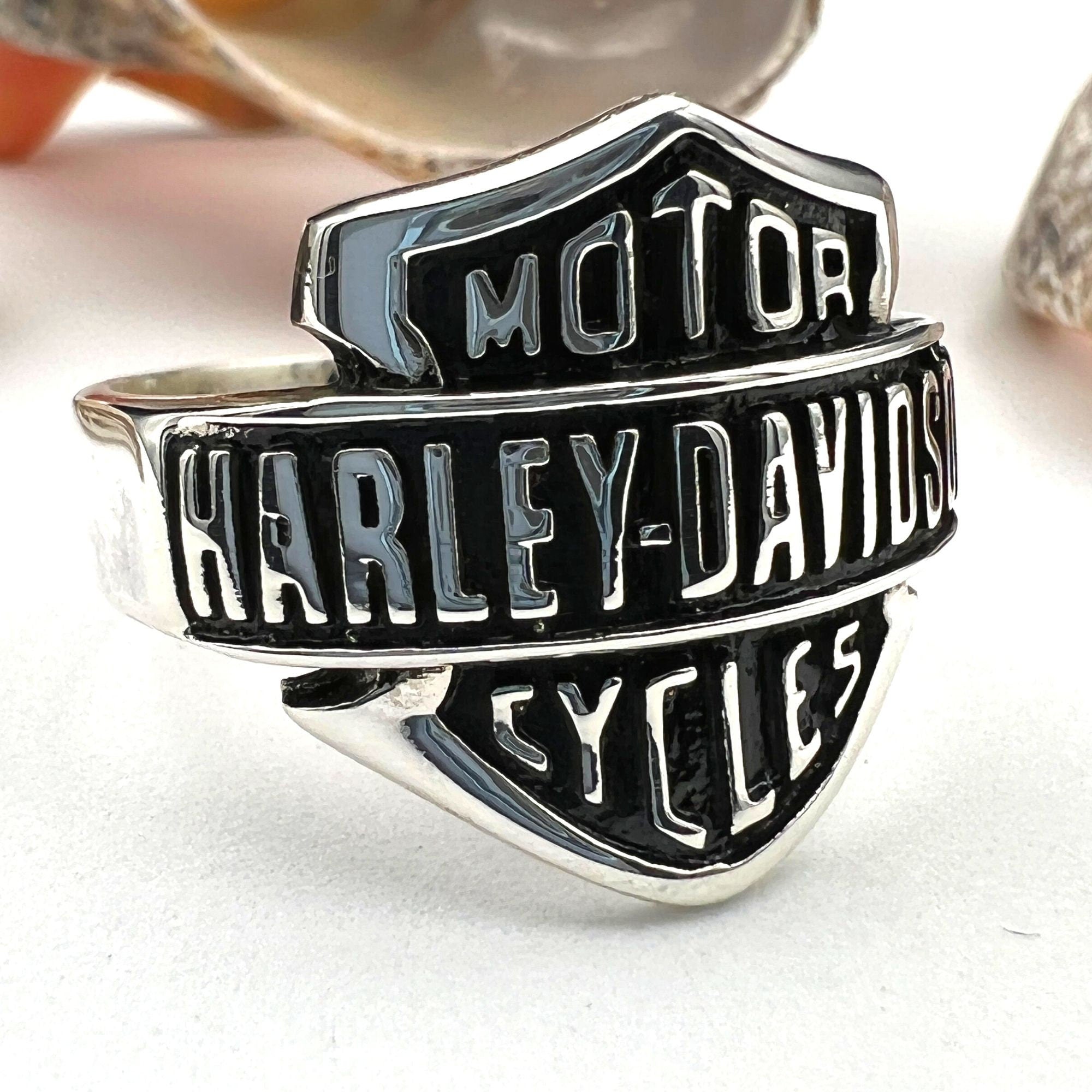 Handcrafted Sterling Silver Biker Signet Ring with Harley Davidson Emblem