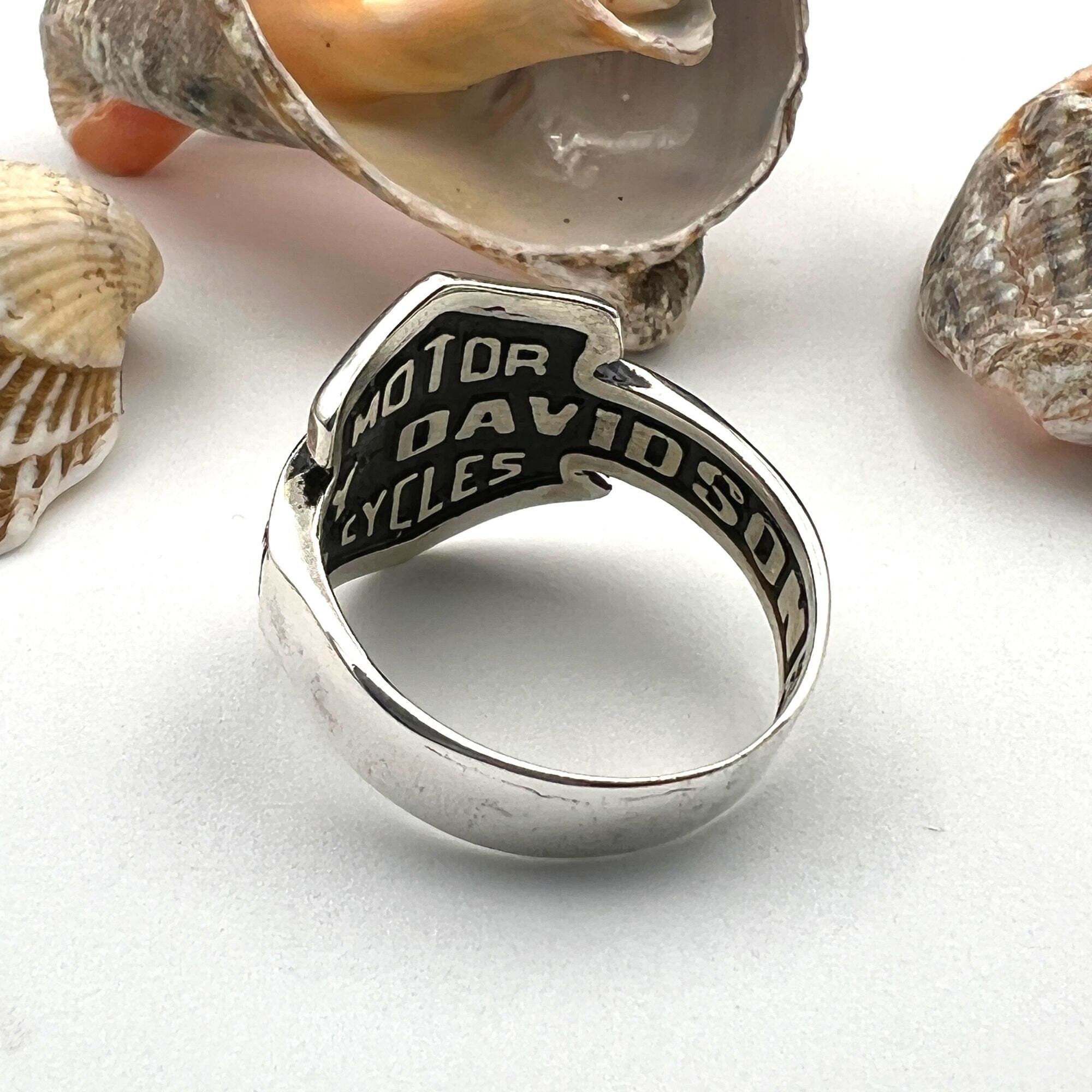Handcrafted Sterling Silver Biker Signet Ring with Harley Davidson Emblem
