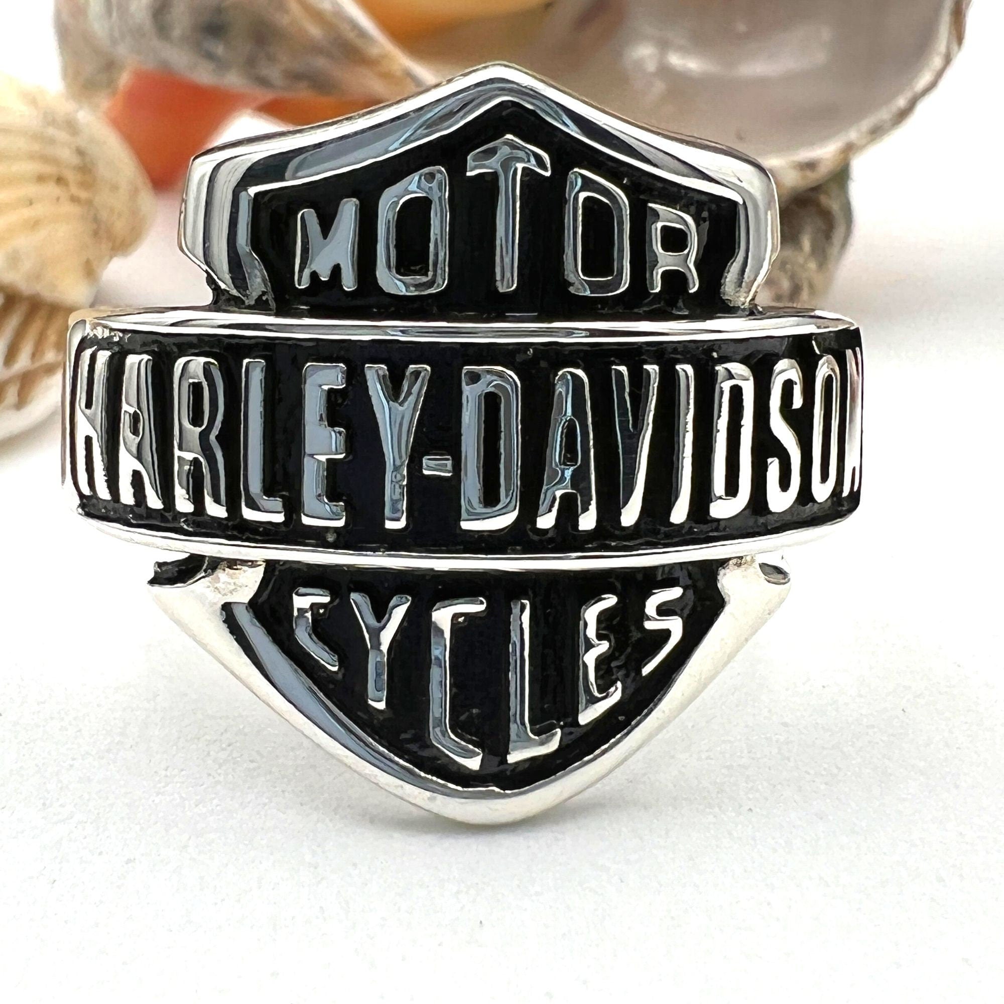 Handcrafted Sterling Silver Biker Signet Ring with Harley Davidson Emblem