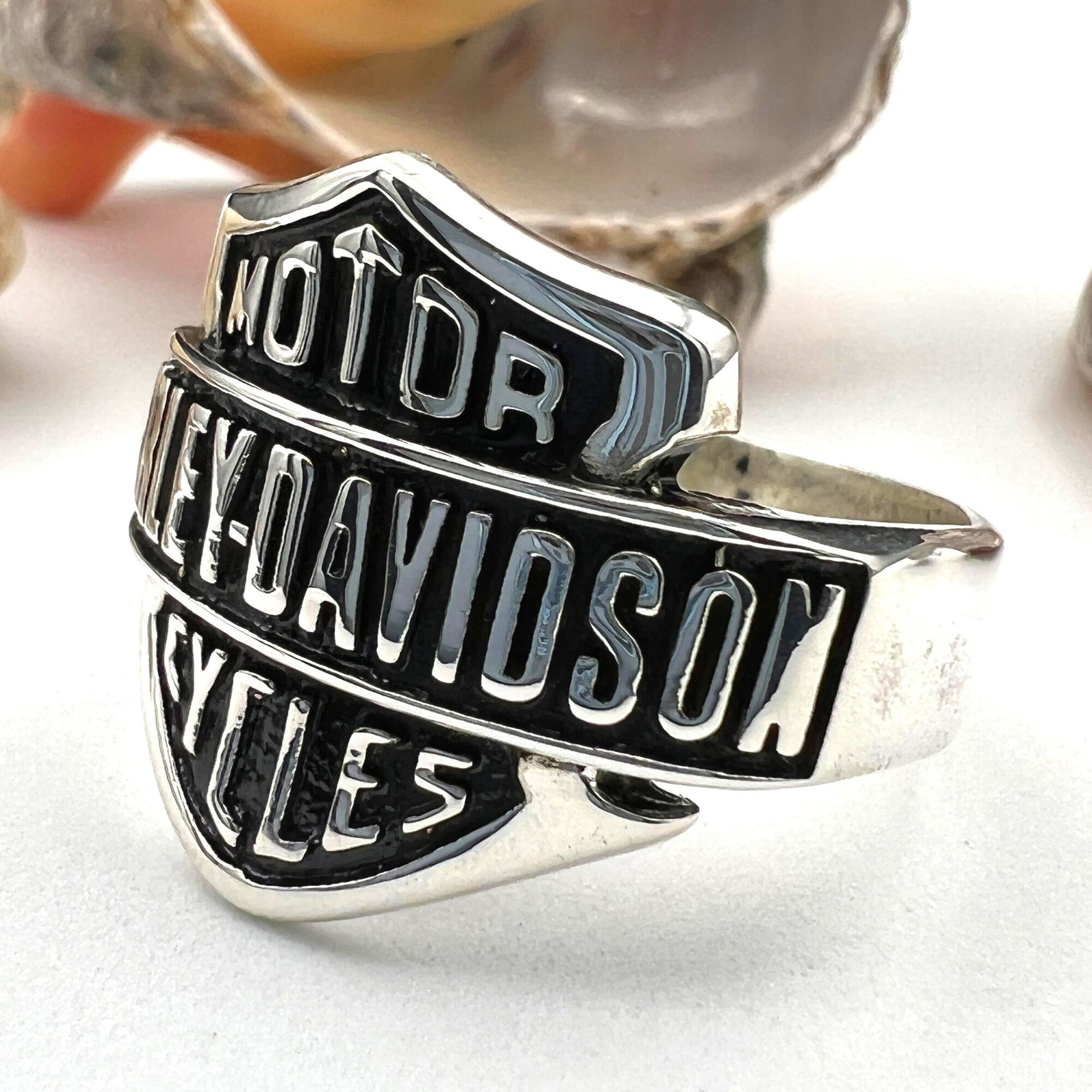 Handcrafted Sterling Silver Biker Signet Ring with Harley Davidson Emblem