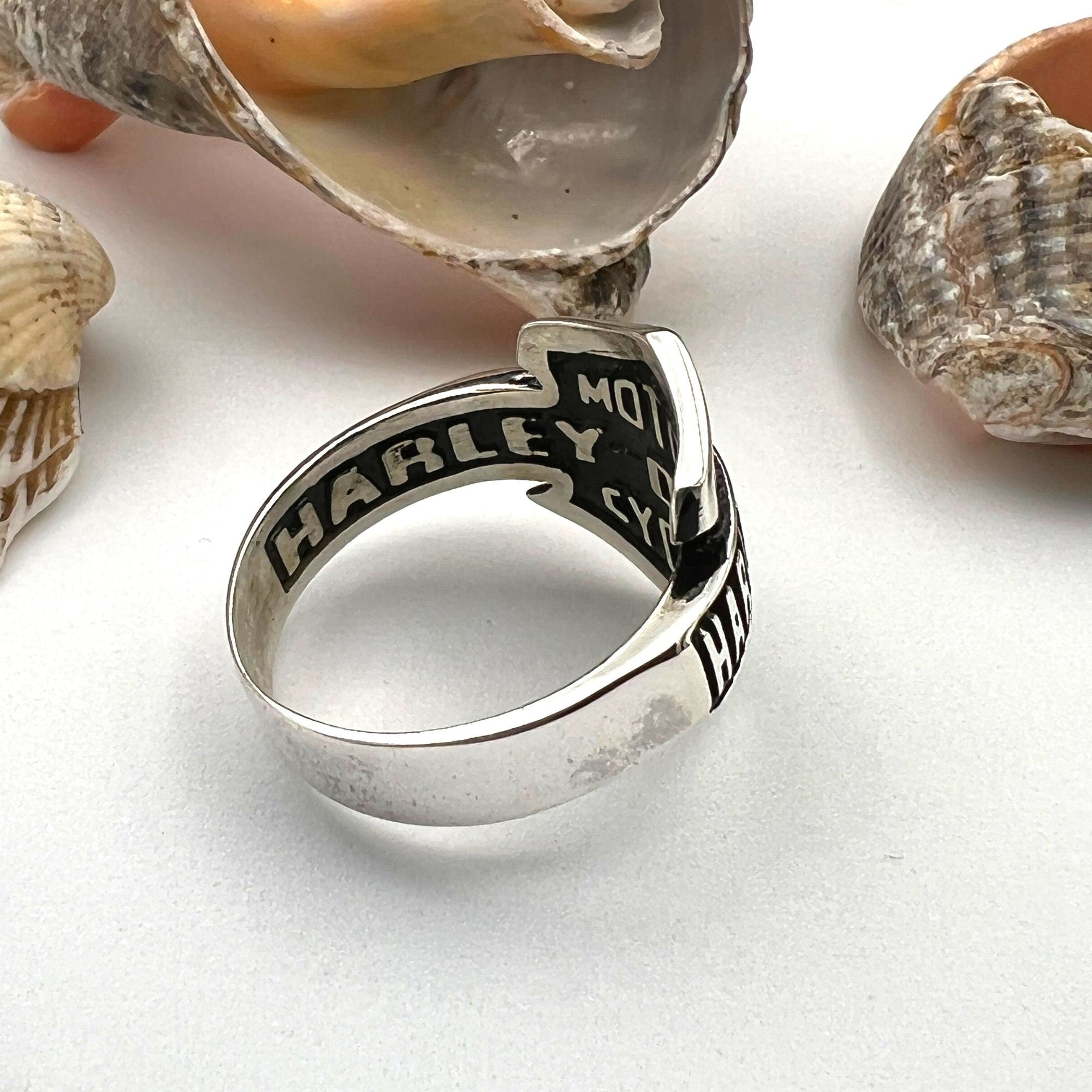 Handcrafted Sterling Silver Biker Signet Ring with Harley Davidson Emblem