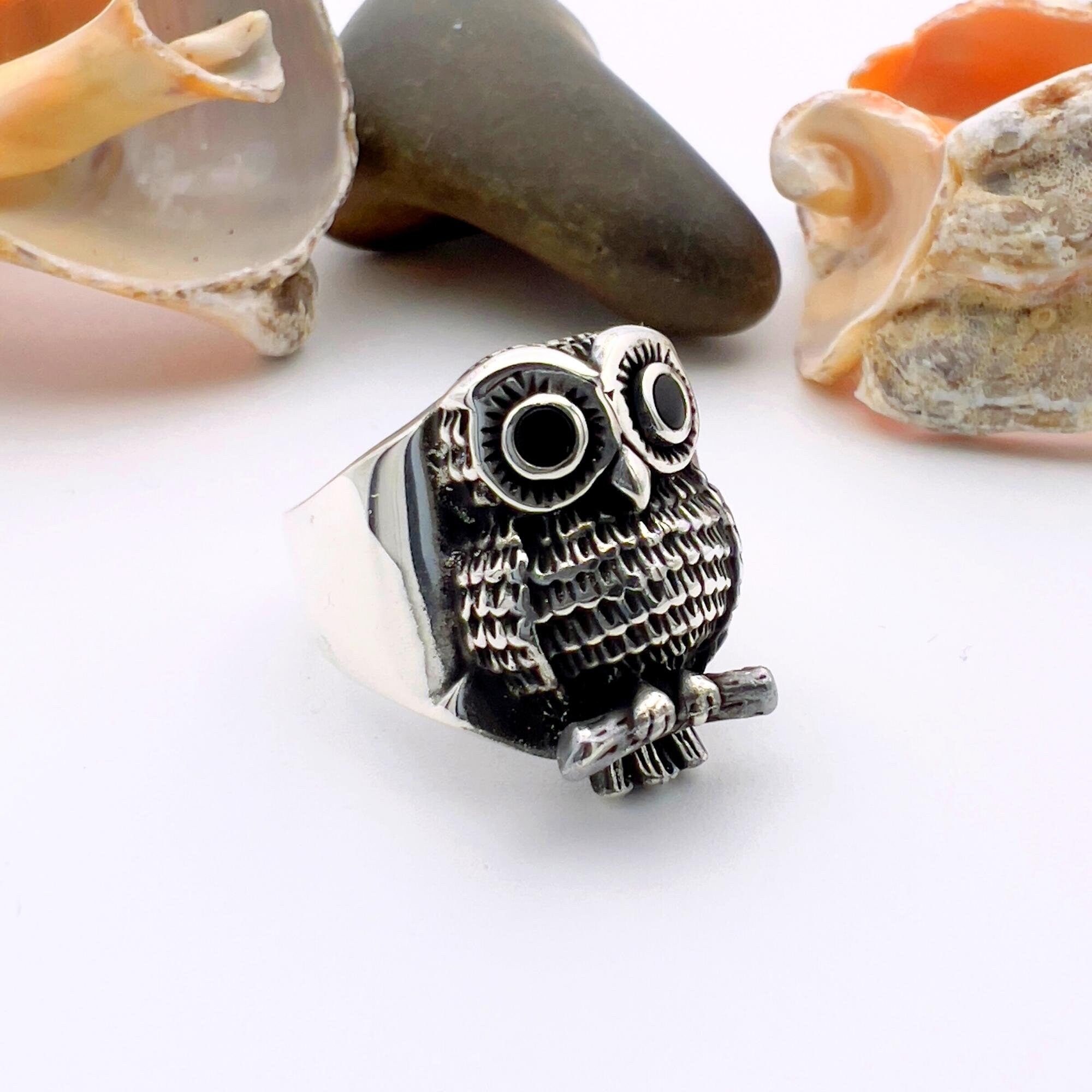 Handmade 925 Sterling Silver Owl Ring with Turquoise, Agate & Onyx Stones | Unisex Animal Jewelry