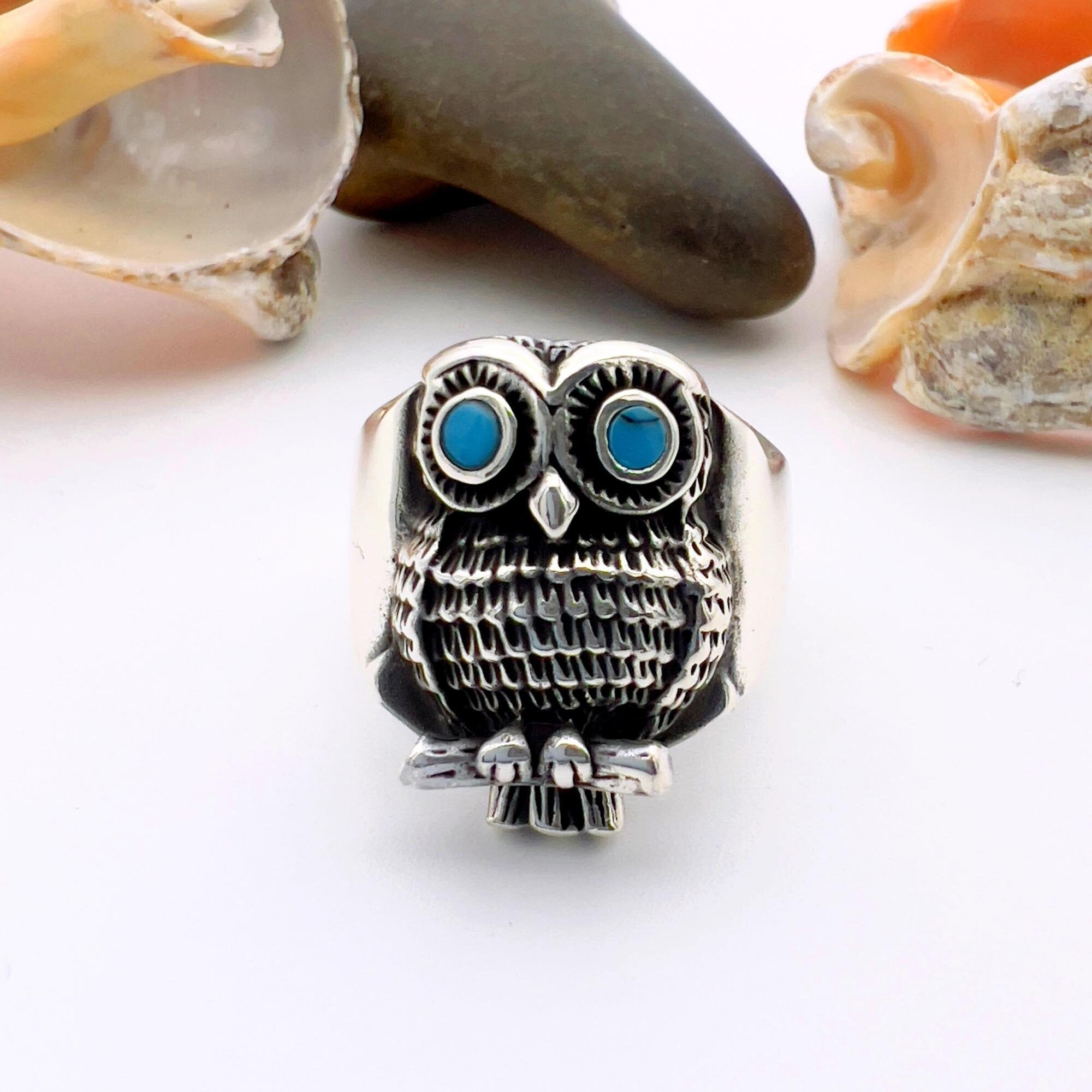 Handmade 925 Sterling Silver Owl Ring with Turquoise, Agate & Onyx Stones | Unisex Animal Jewelry