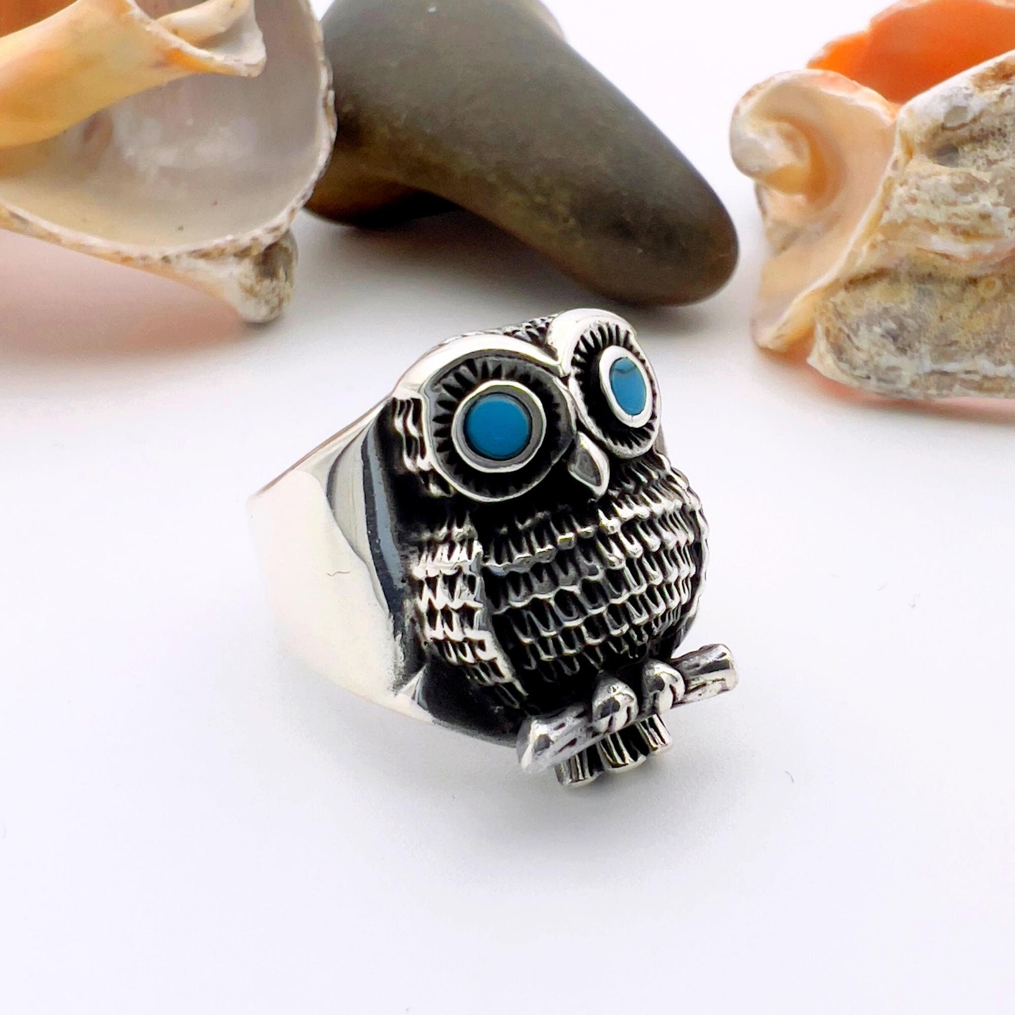 Handmade 925 Sterling Silver Owl Ring with Turquoise, Agate & Onyx Stones | Unisex Animal Jewelry