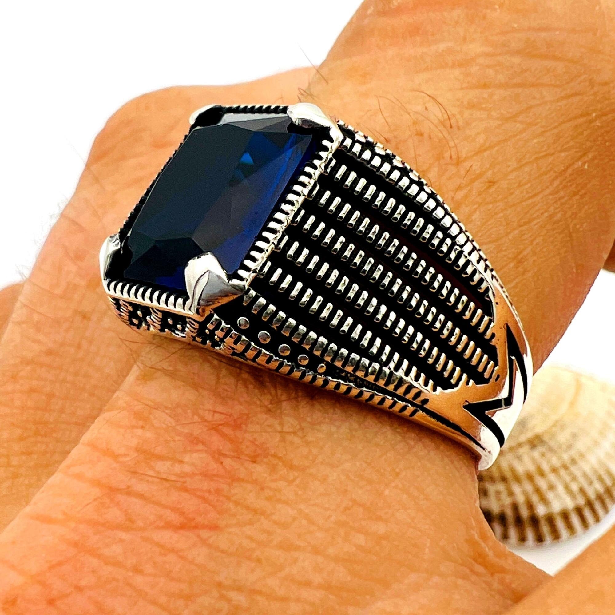 Blue Sapphire Squared Stone Men's Ring