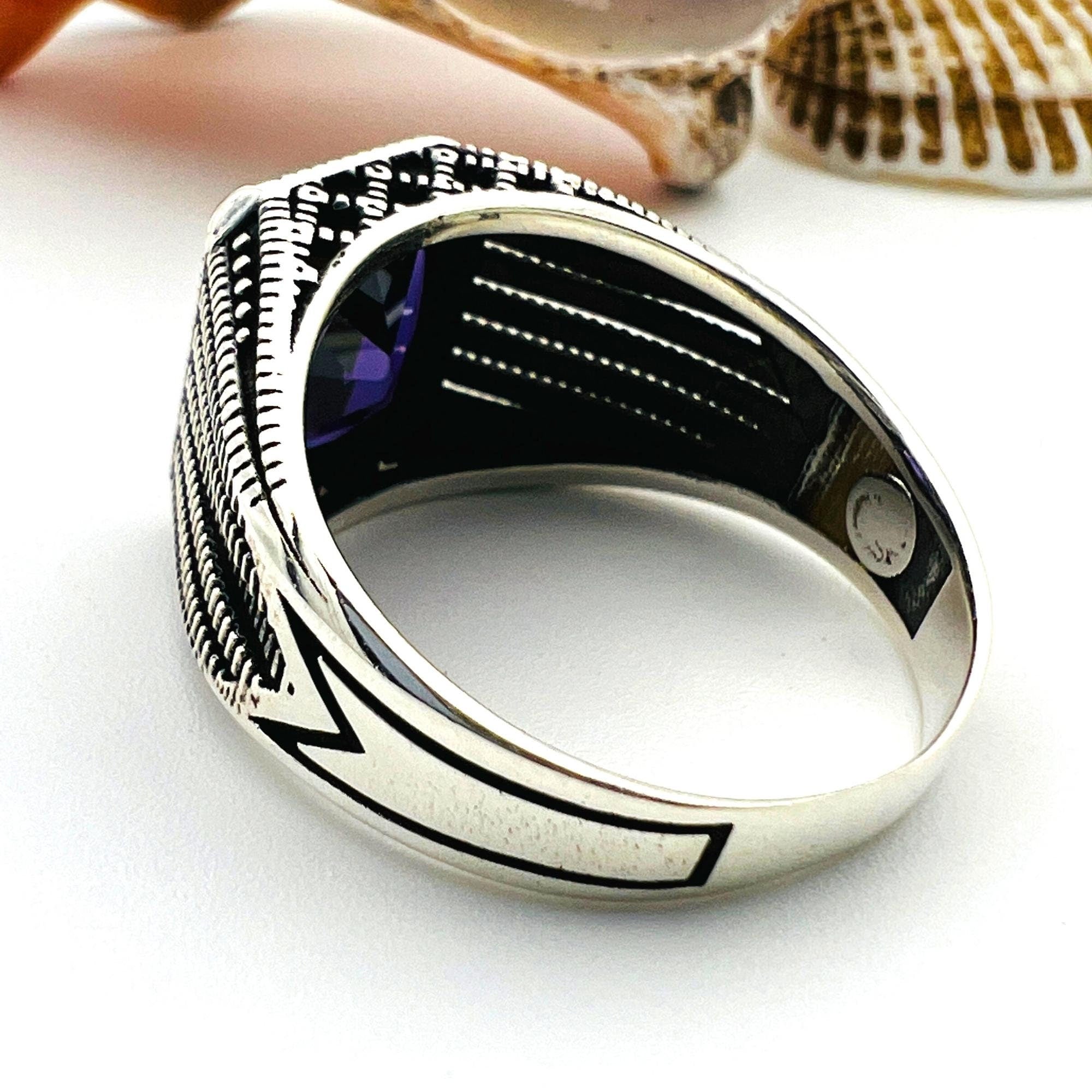 خاتم مربع من الفضة الإسترلينية والجمشت للرجال مصنوع يدويًا - مجوهرات حرفي تركي