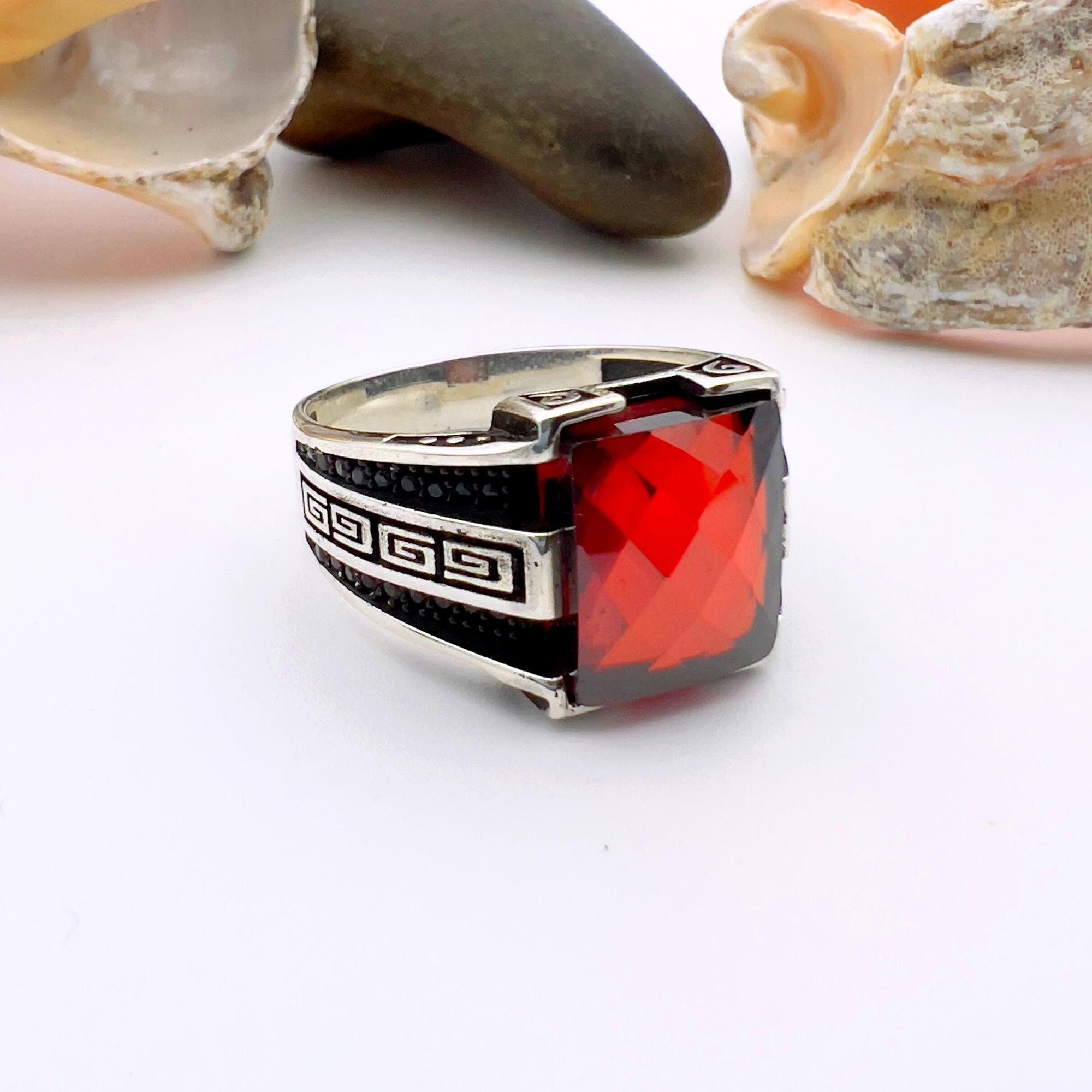 Turkish Handmade 925 Sterling Silver Men's Red Zircon Minimalist Ring - Elegant Statement Jewelry