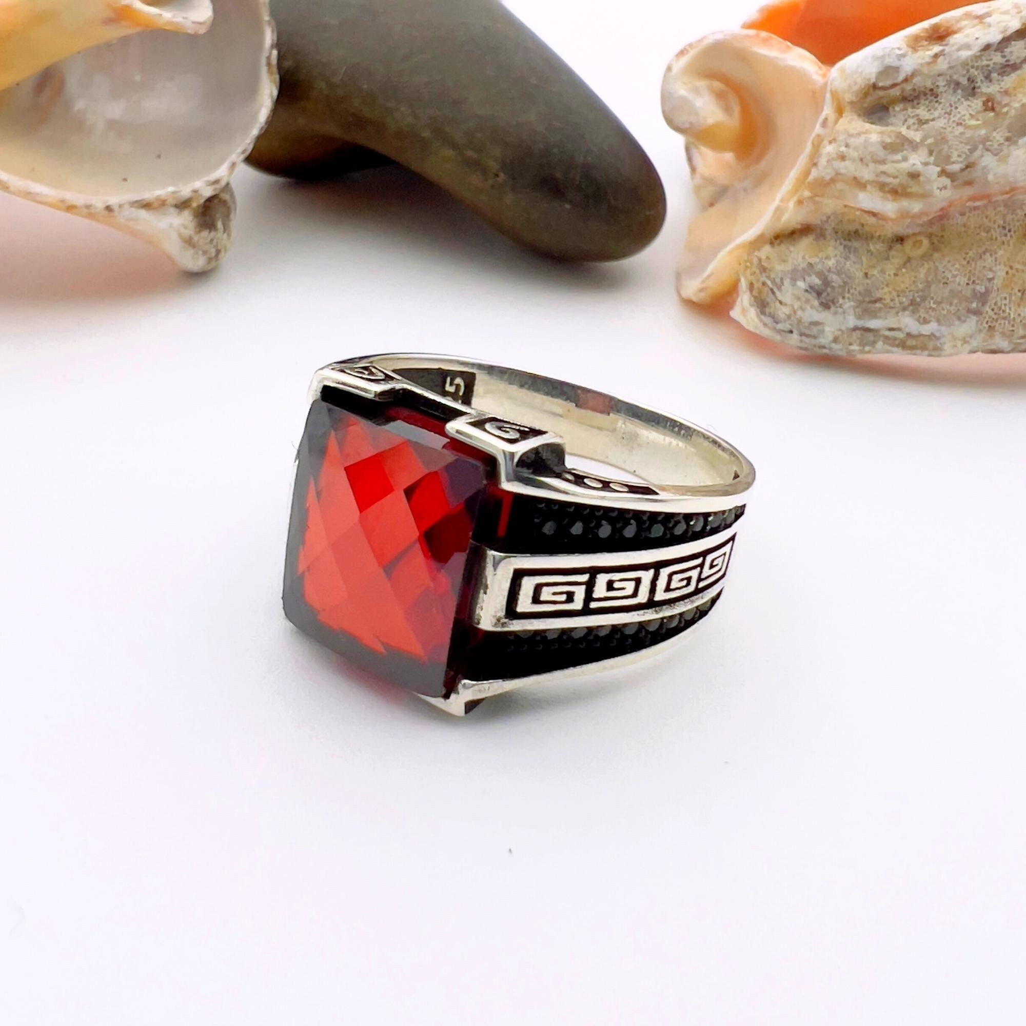Turkish Handmade 925 Sterling Silver Men's Red Zircon Minimalist Ring - Elegant Statement Jewelry