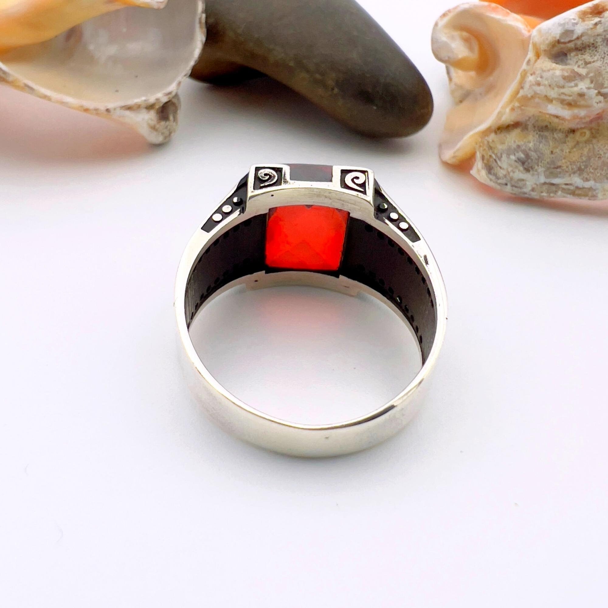 Turkish Handmade 925 Sterling Silver Men's Red Zircon Minimalist Ring - Elegant Statement Jewelry