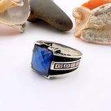 خاتم تركي يدوي من الفضة الإسترلينية مع الياقوت الأزرق بتصميم بسيط للرجال | هدية أنيقة