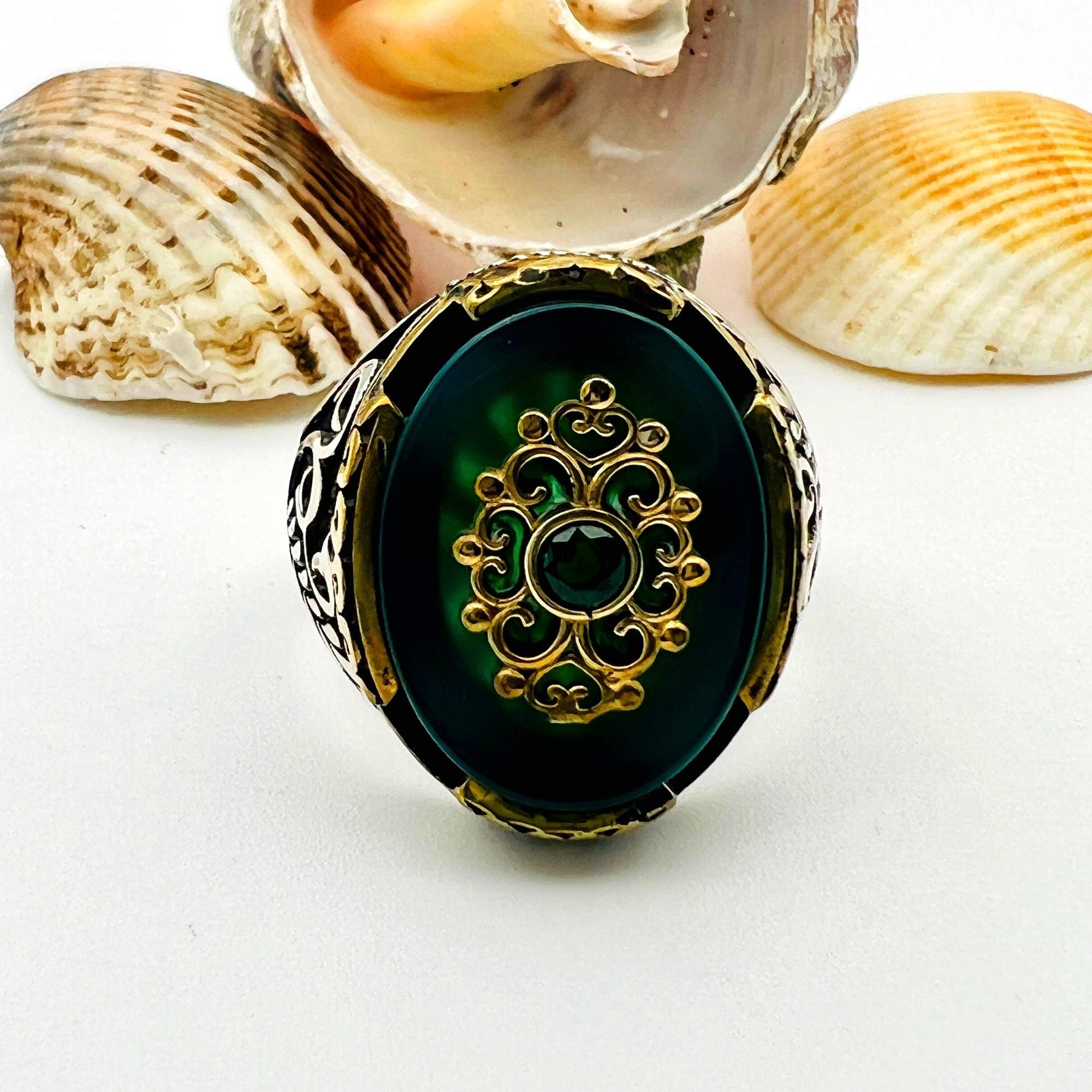Men's Green Agate Stone Silver Ring