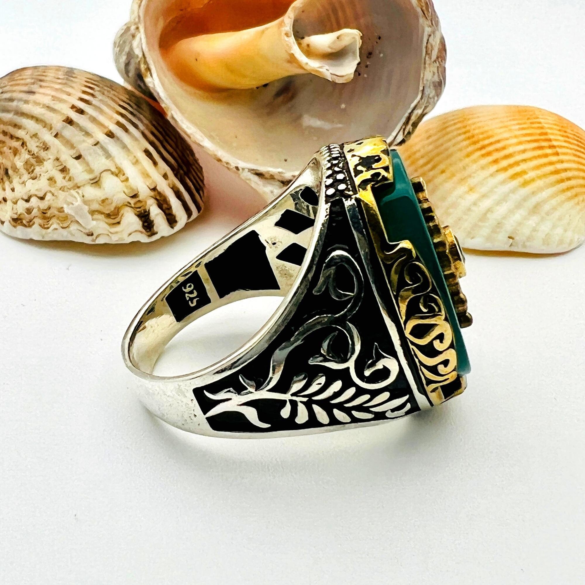 Men's Green Agate Stone Silver Ring
