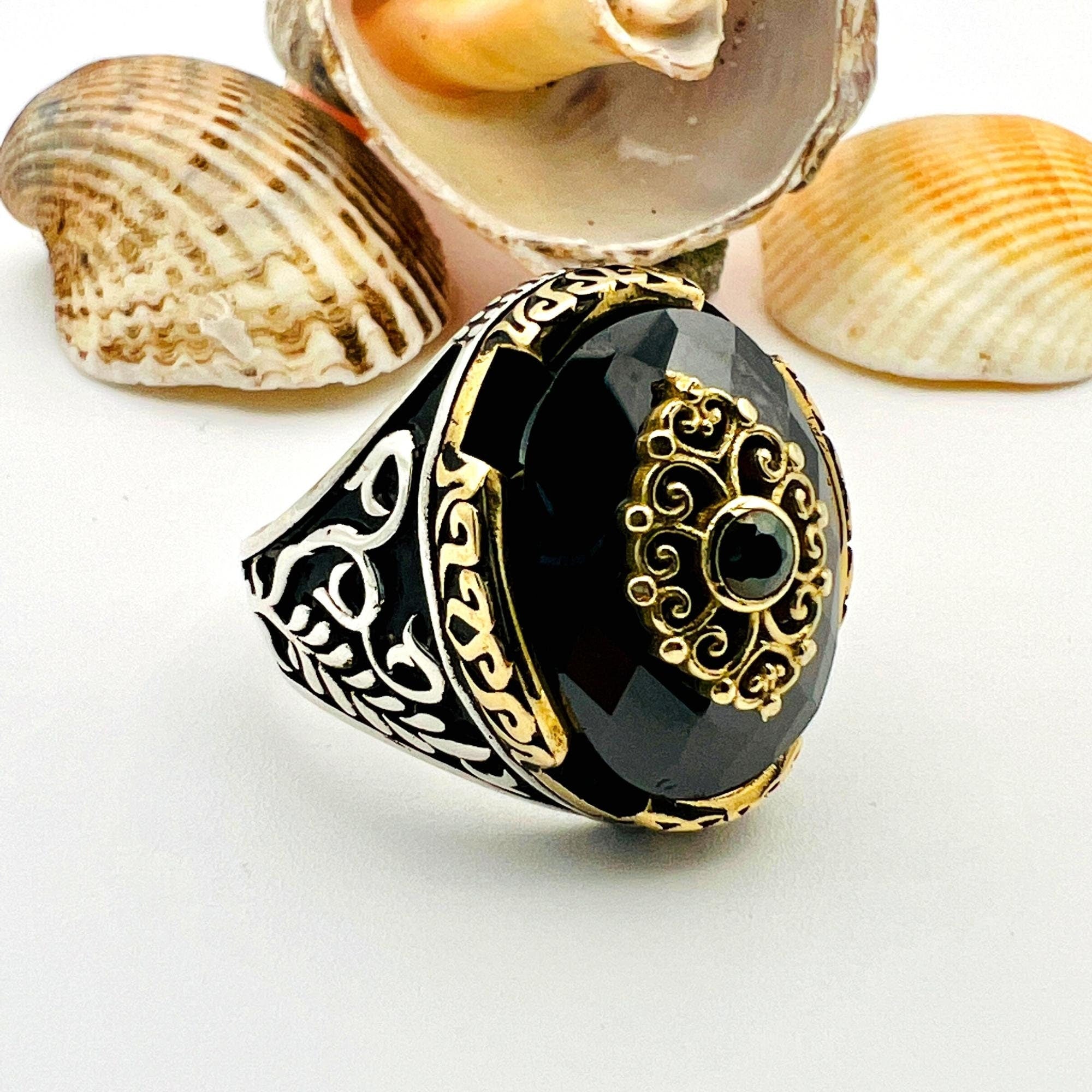 Men's Handmade Turkish 925 Sterling Silver Black Onyx Gemstone Ring | Ottoman Style Statement Jewelry