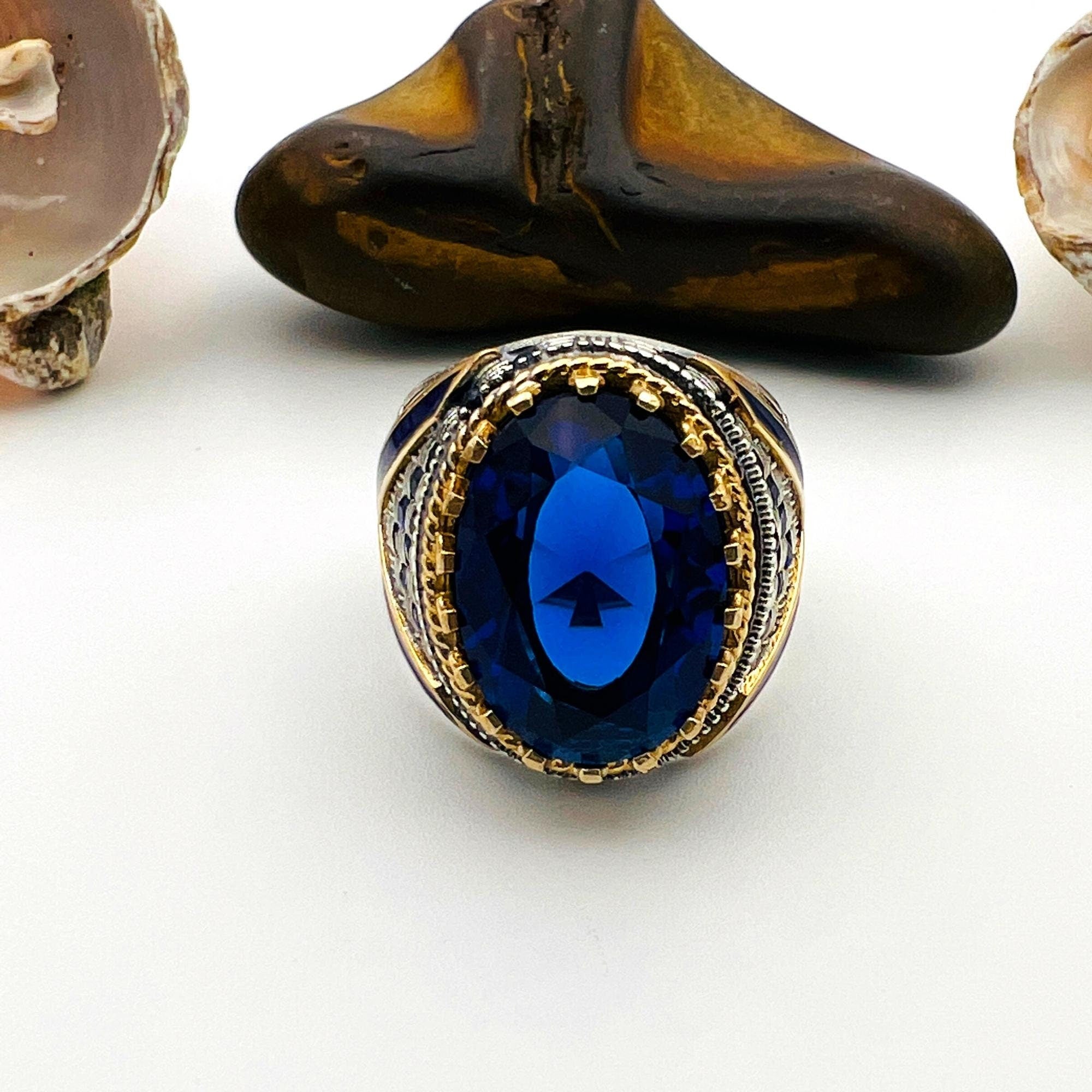 Bague ovale en argent sterling avec saphir bleu faite à la main style ottoman - Cadeau design royal turc pour hommes