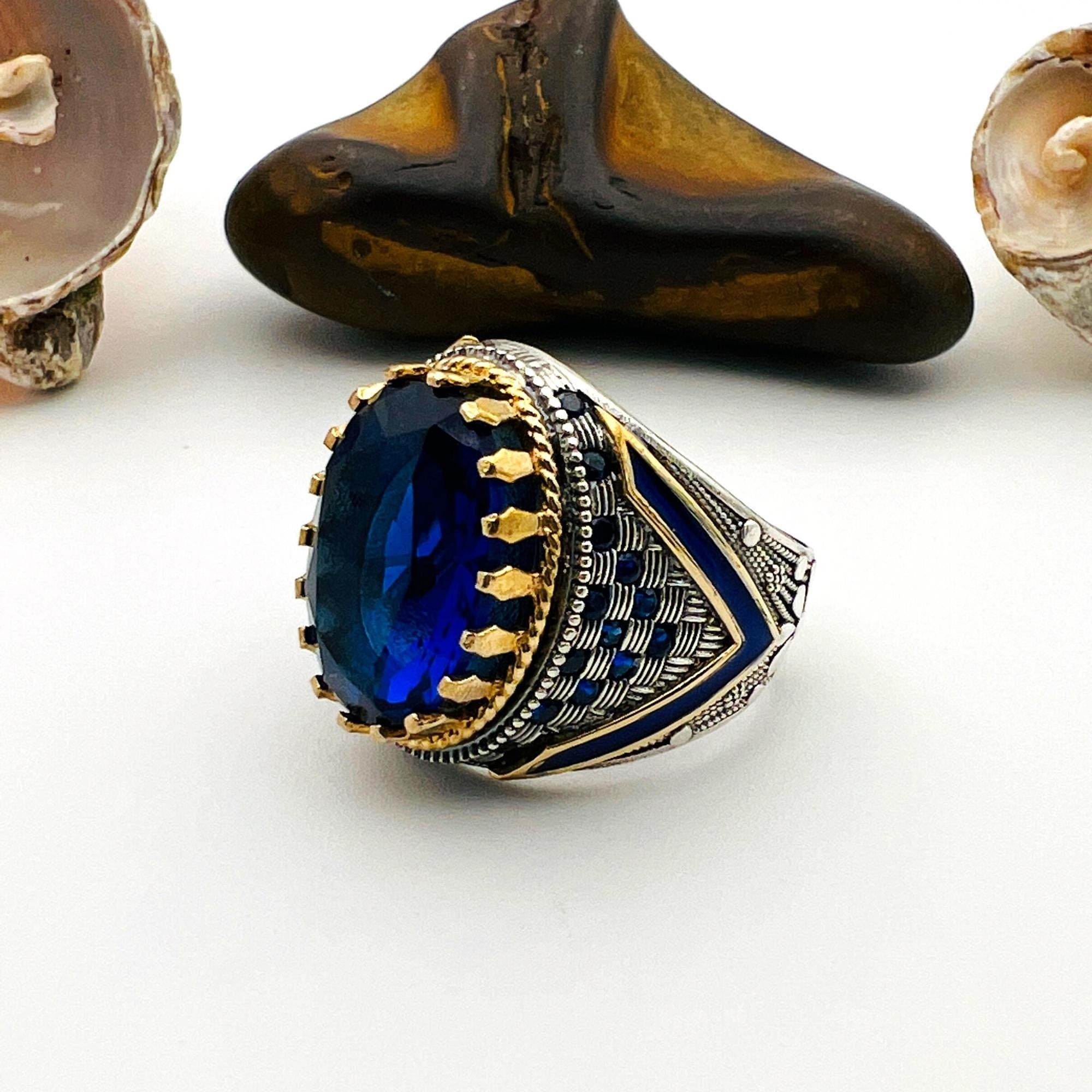 Bague ovale en argent sterling avec saphir bleu faite à la main style ottoman - Cadeau design royal turc pour hommes