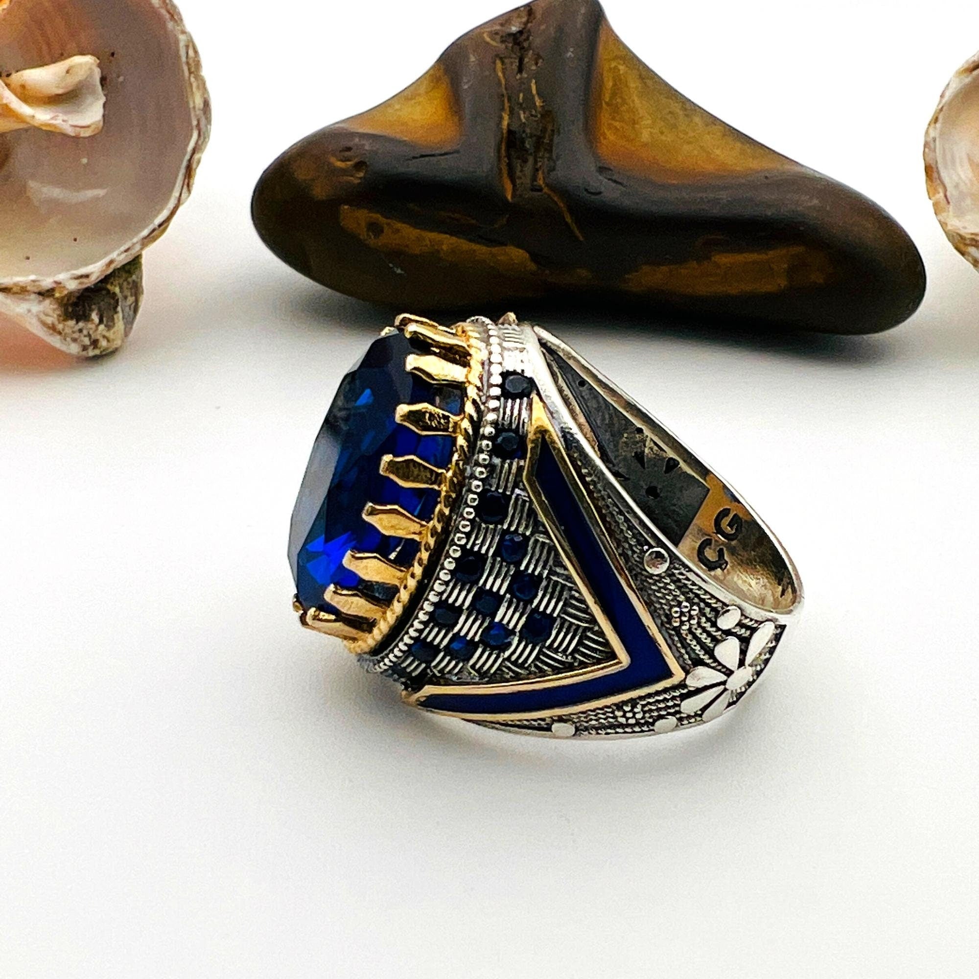 Bague ovale en argent sterling avec saphir bleu faite à la main style ottoman - Cadeau design royal turc pour hommes
