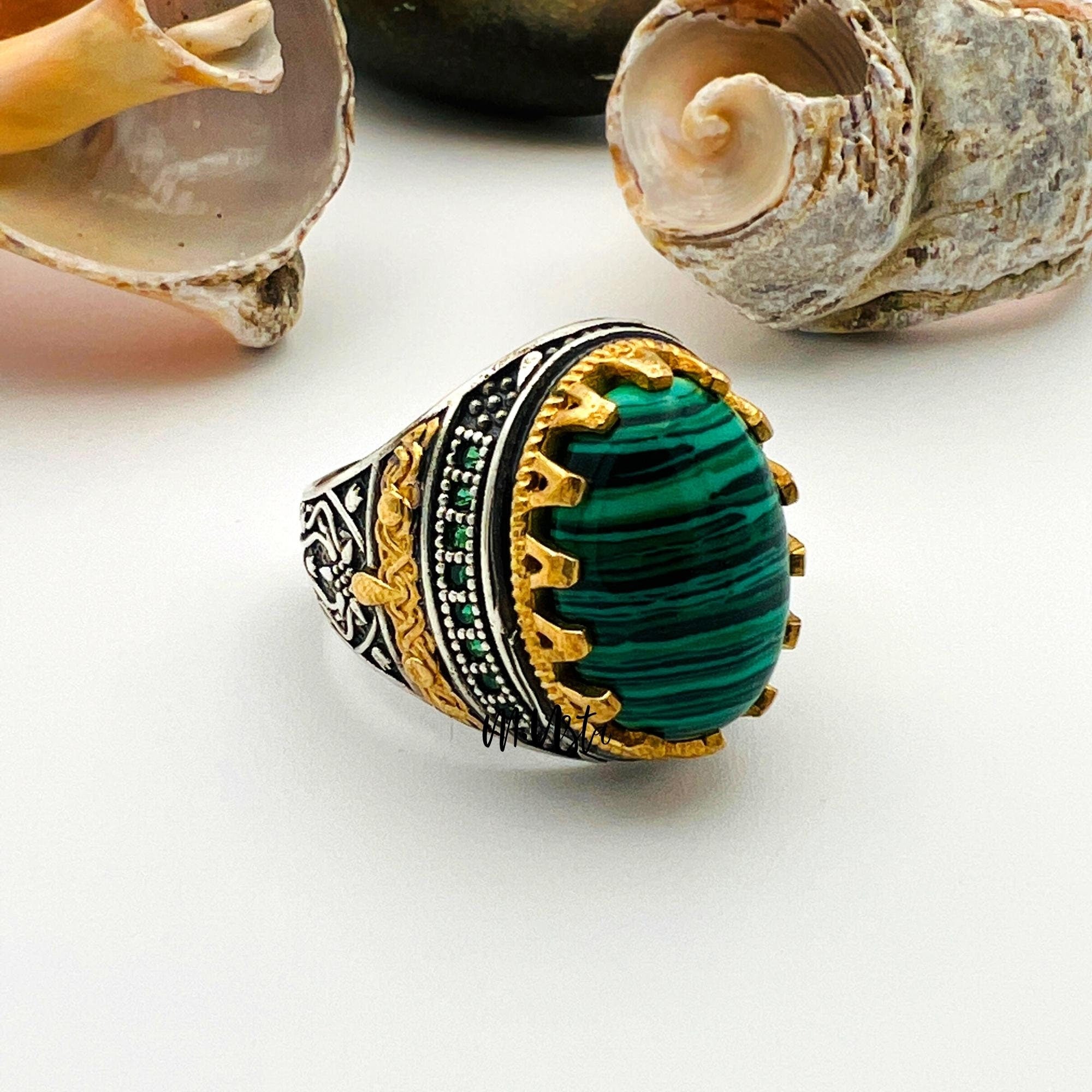 Men's Handmade Turkish Sterling Silver Malachite Ring - Artisan Crafted Green Gemstone Jewelry Gift