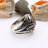 خاتم رجالي تركي يدوي الصنع من الفضة الإسترلينية 925 برأس نسر مزدوج مع زركون أحمر - هدية له