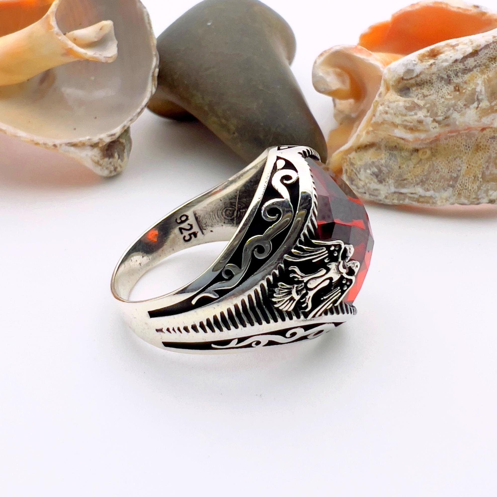 خاتم رجالي تركي يدوي الصنع من الفضة الإسترلينية 925 برأس نسر مزدوج مع زركون أحمر - هدية له