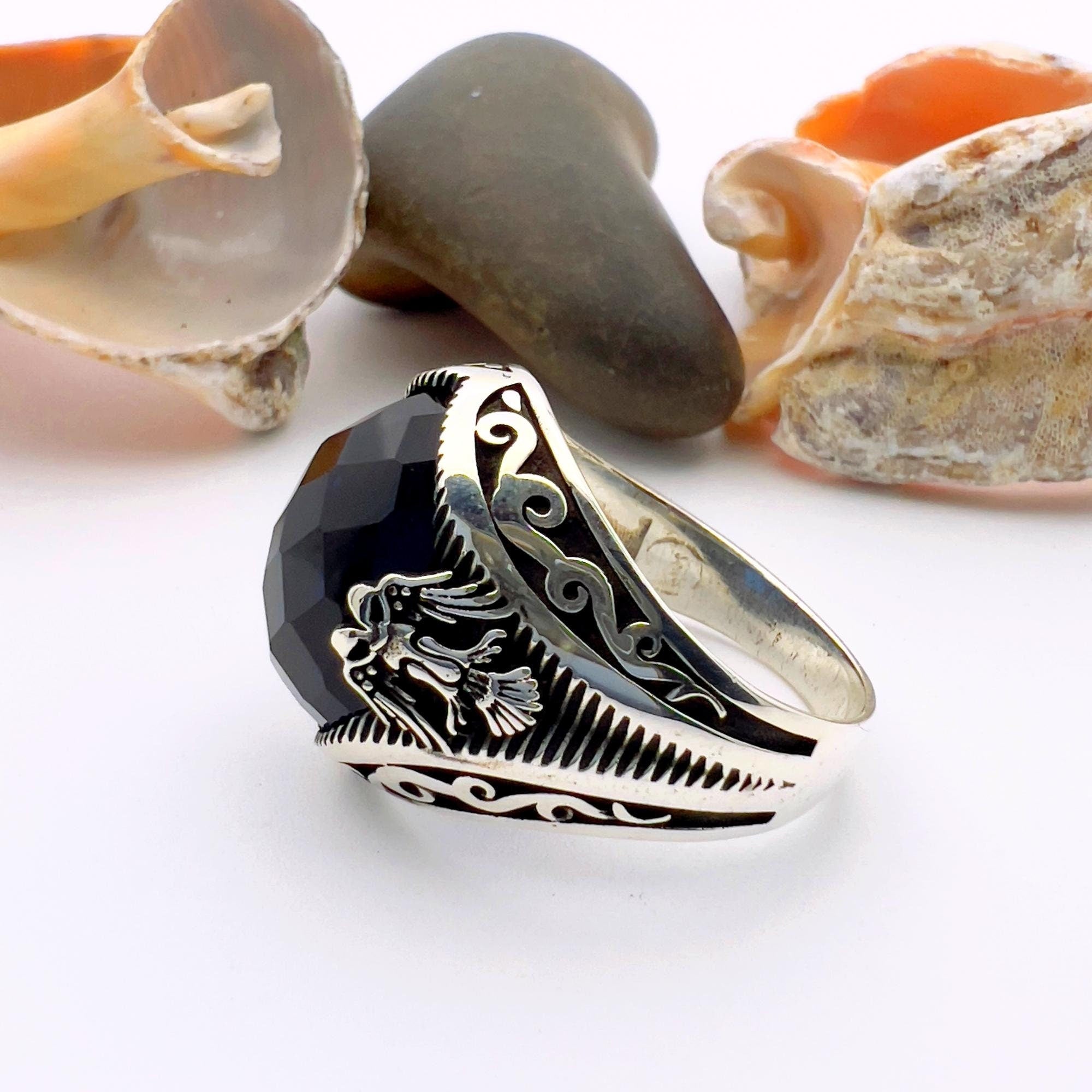 خاتم رجالي بتصميم نسر برأسين من الفيروز الأزرق التركي اليدوي الصنع، فضة استرليني 925