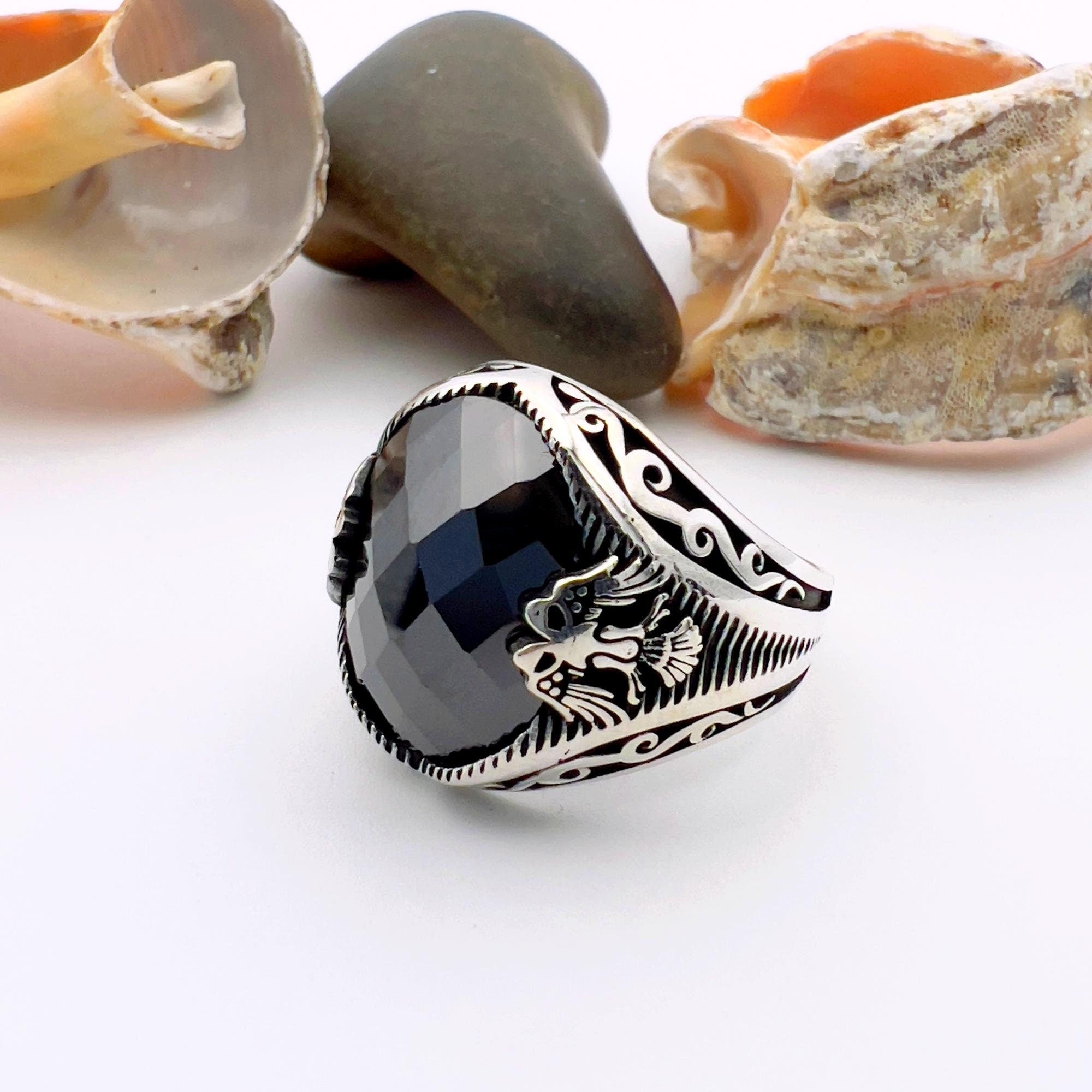 Turkish Handmade 925 Sterling Silver Black Onyx Double Headed Eagle Men's Ring