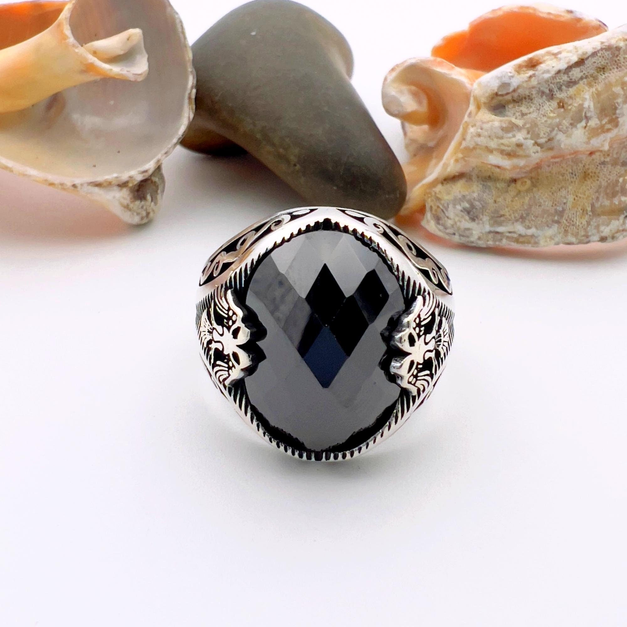 Turkish Handmade 925 Sterling Silver Black Onyx Double Headed Eagle Men's Ring