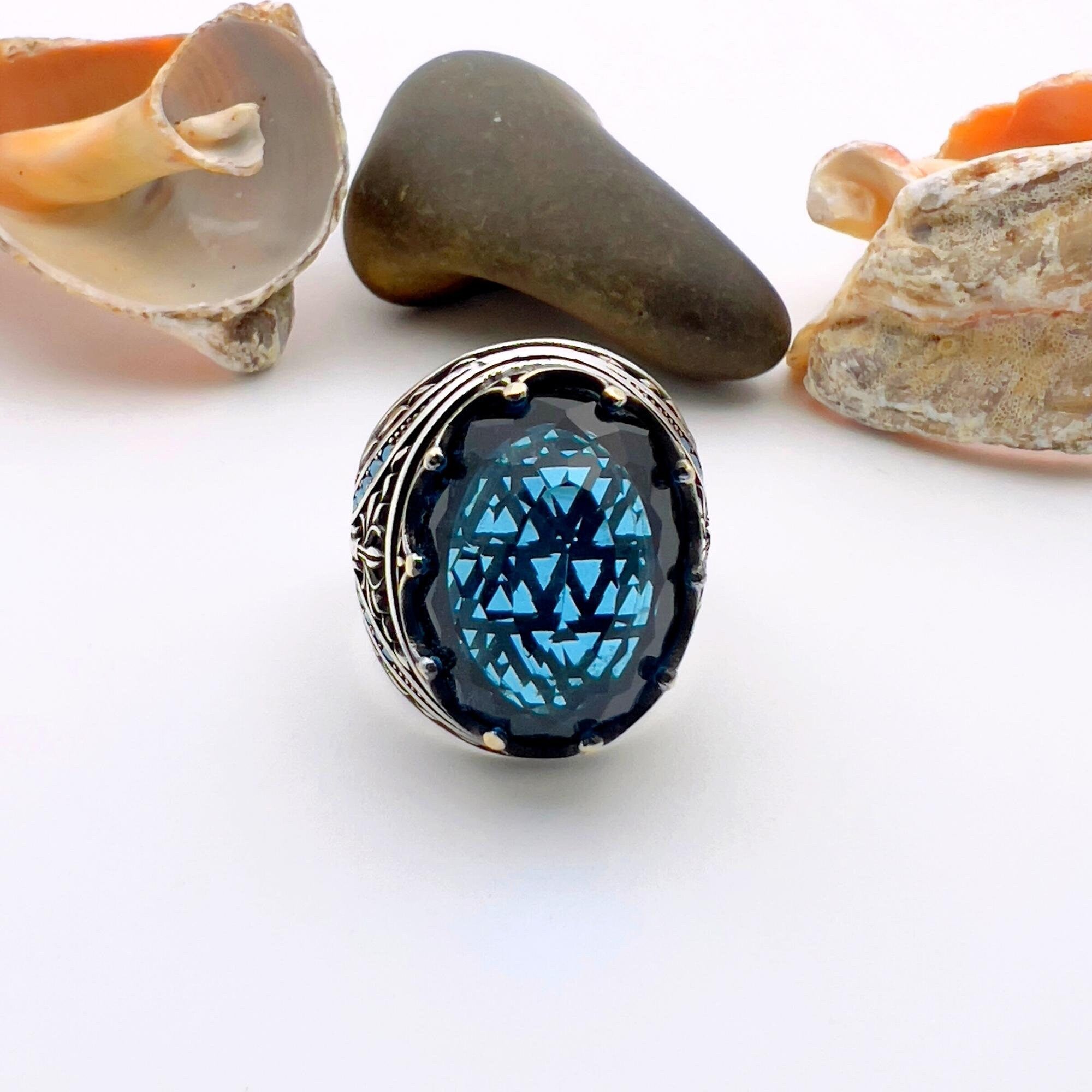 Turkish Handmade Men's Sapphire Ring - Ottoman Style 925K Sterling Silver Gift for Him