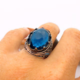 Turkish Handmade Men's Sapphire Ring - Ottoman Style 925K Sterling Silver Gift for Him