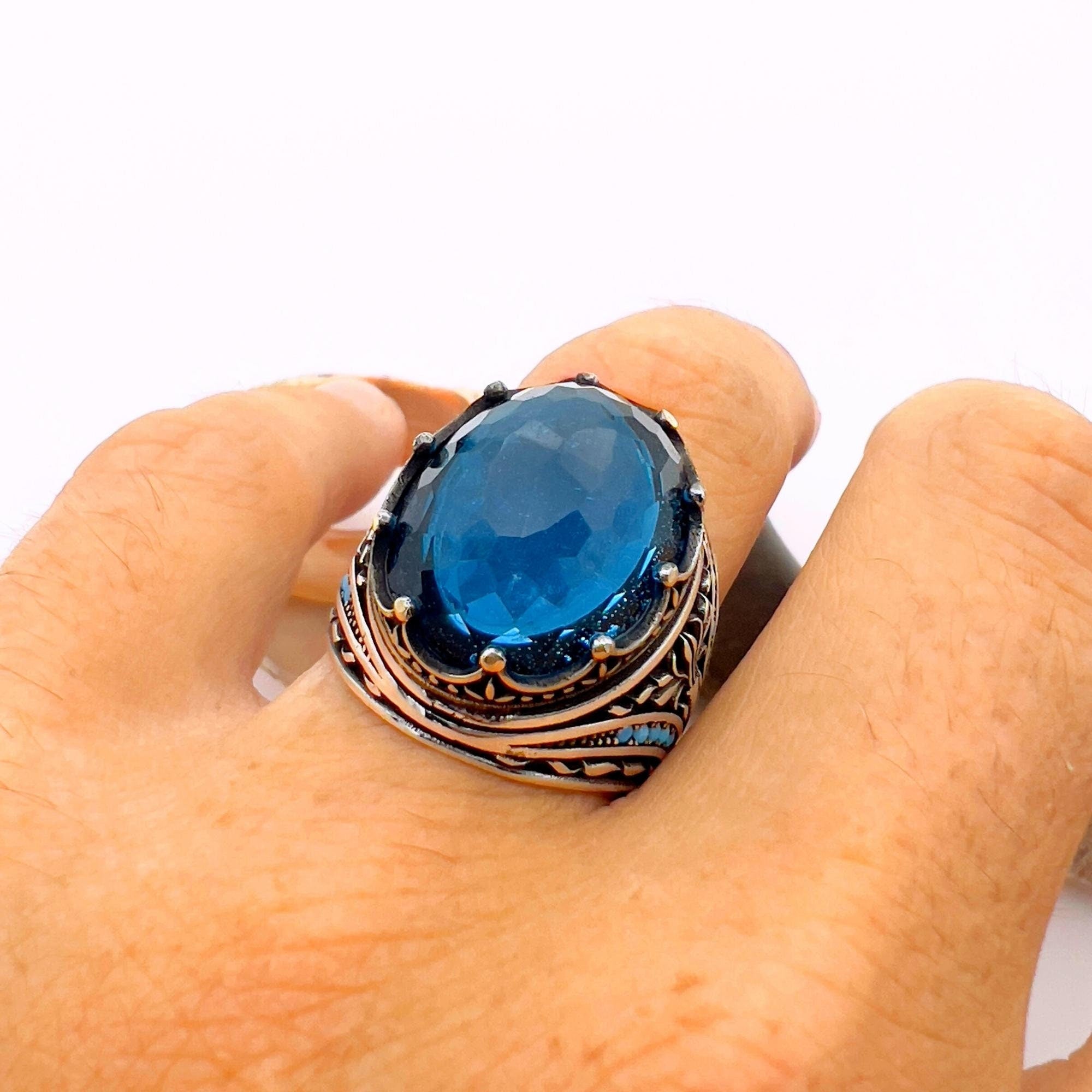 Turkish Handmade Men's Sapphire Ring - Ottoman Style 925K Sterling Silver Gift for Him