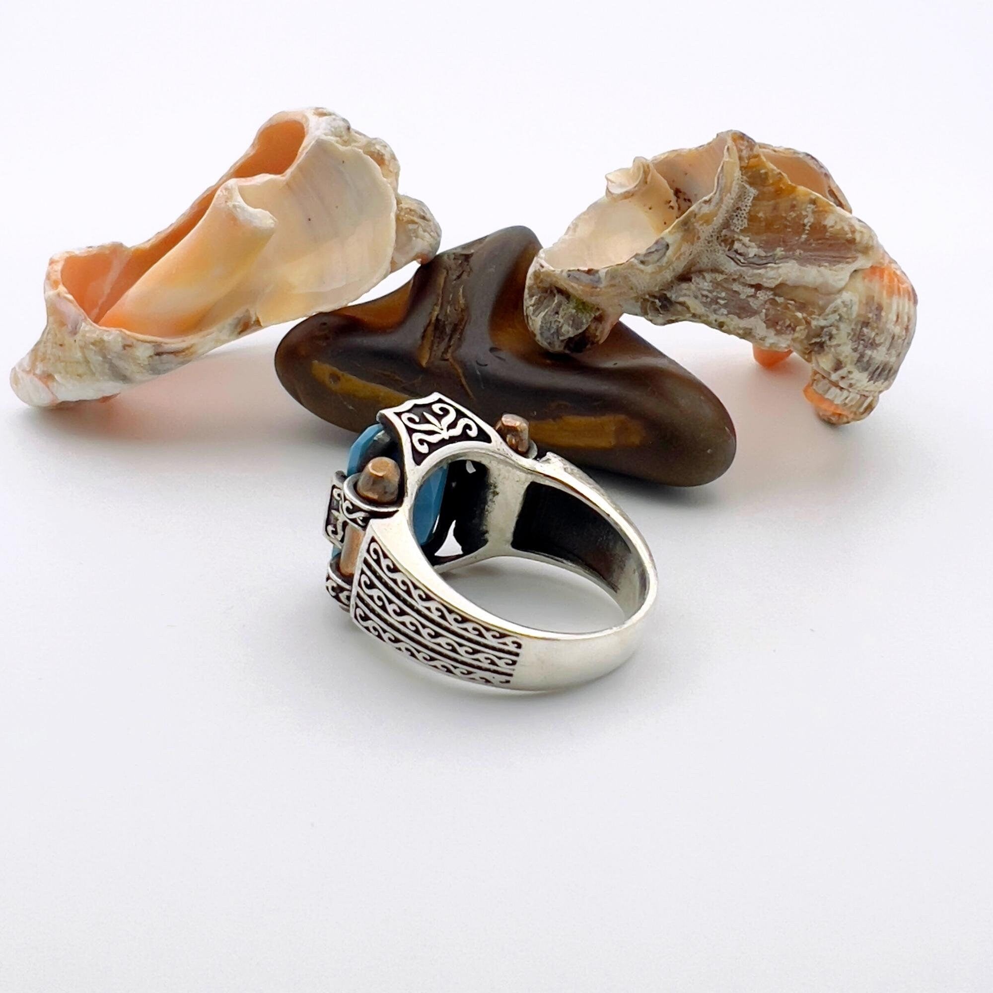 Exquisite Turkish Handmade 925K Sterling Silver Blue Turquoise Squared Unisex Ring | Artisan Crafted Statement Piece