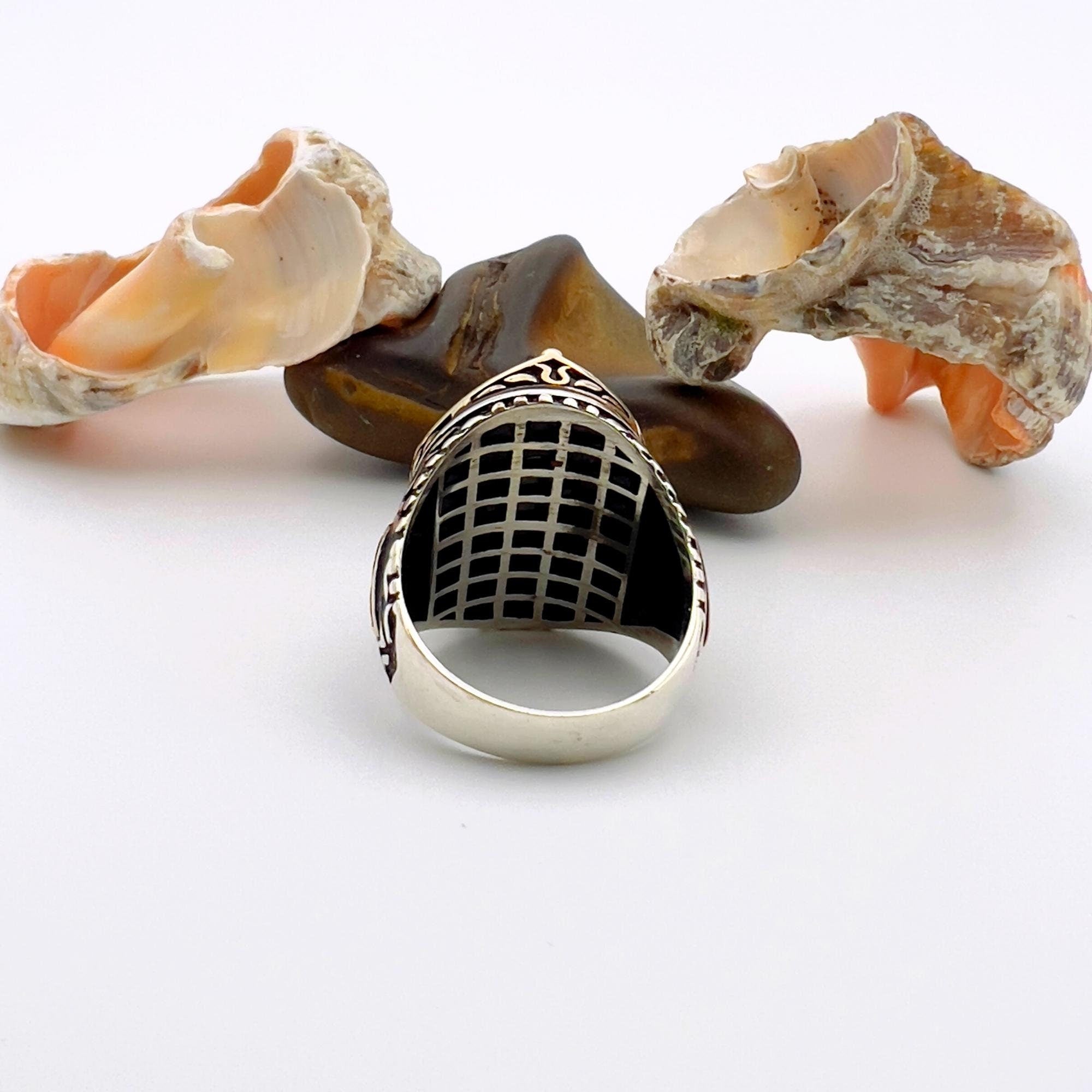 خاتم رجالي تركي يدوي الطراز العثماني | فضة استرلينية 925K مع حجر عقيق أسود بيضاوي