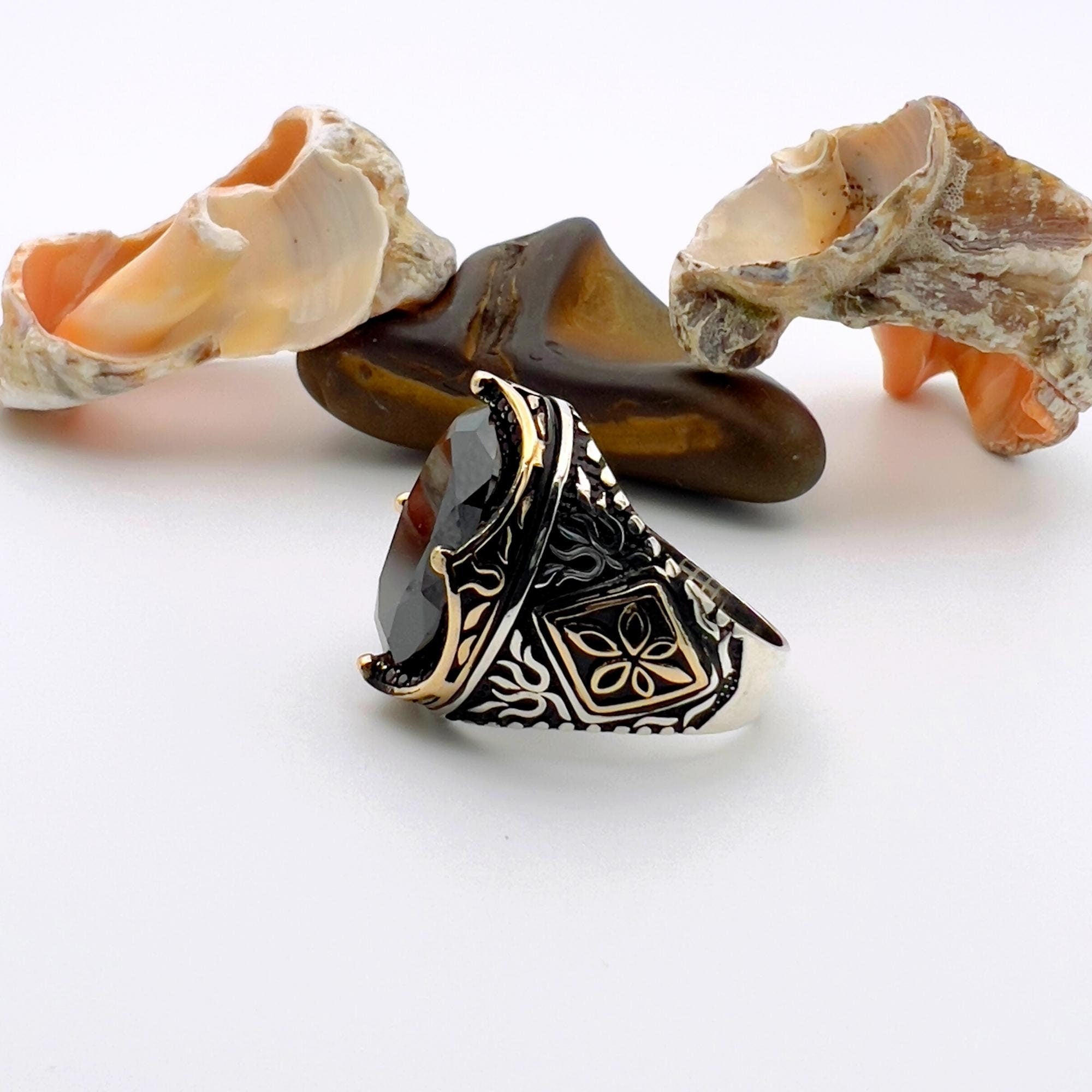 خاتم رجالي تركي يدوي الطراز العثماني | فضة استرلينية 925K مع حجر عقيق أسود بيضاوي