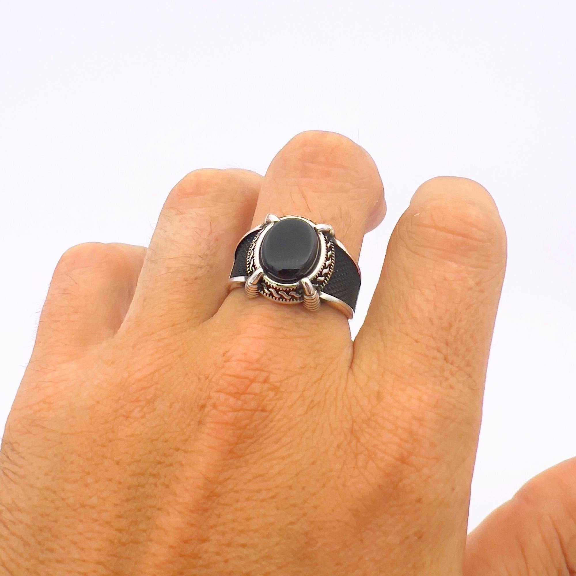 Turkish Handmade Men's 925 Sterling Silver Black Onyx Oval Stone Ring - Ottoman Style Gift