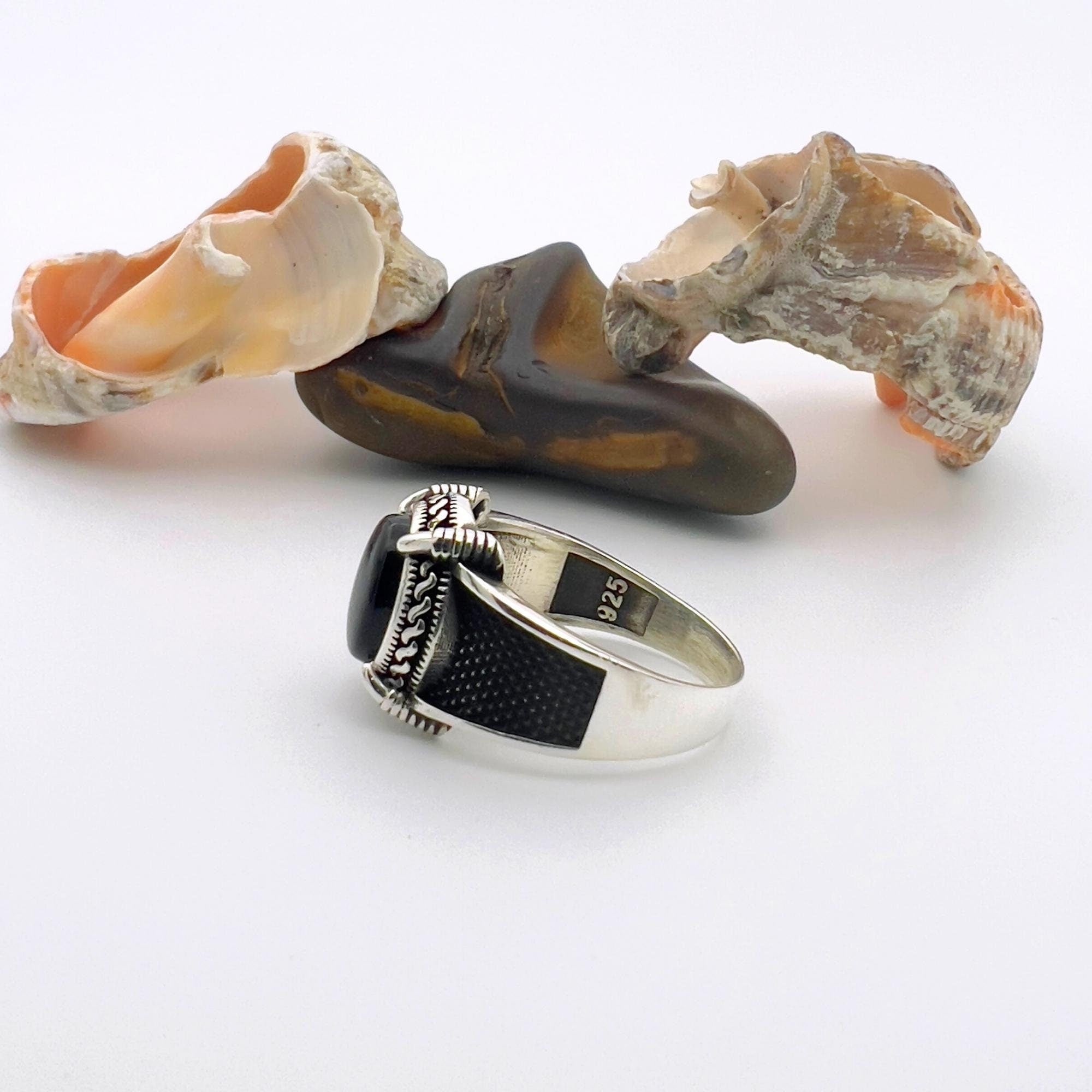 Men's Black Onyx Stone Ottoman Style Silver Ring