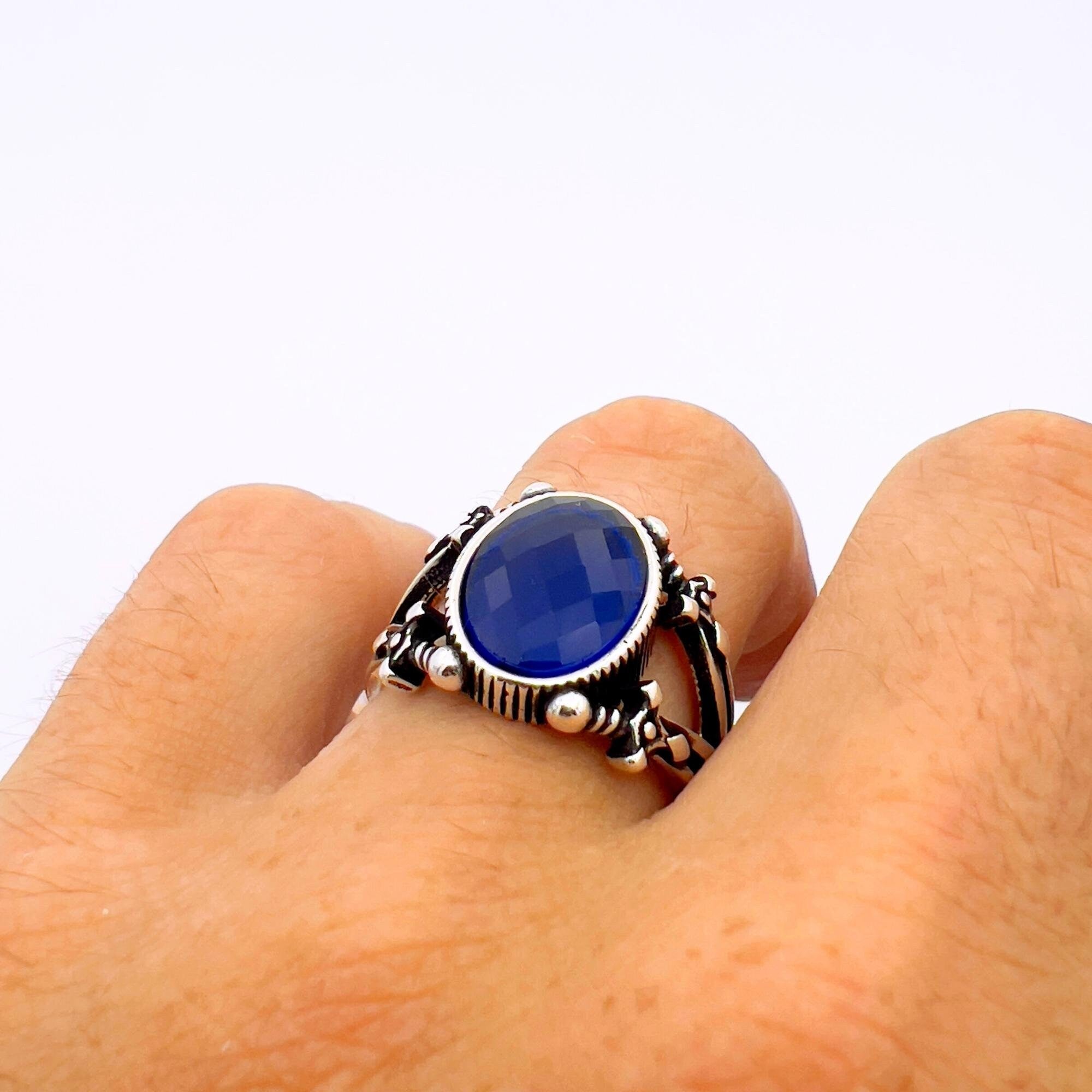 Handcrafted Turkish Sterling Silver Men's Ring with Blue Sapphire & Sword Detail | Unique Statement Jewelry Gift