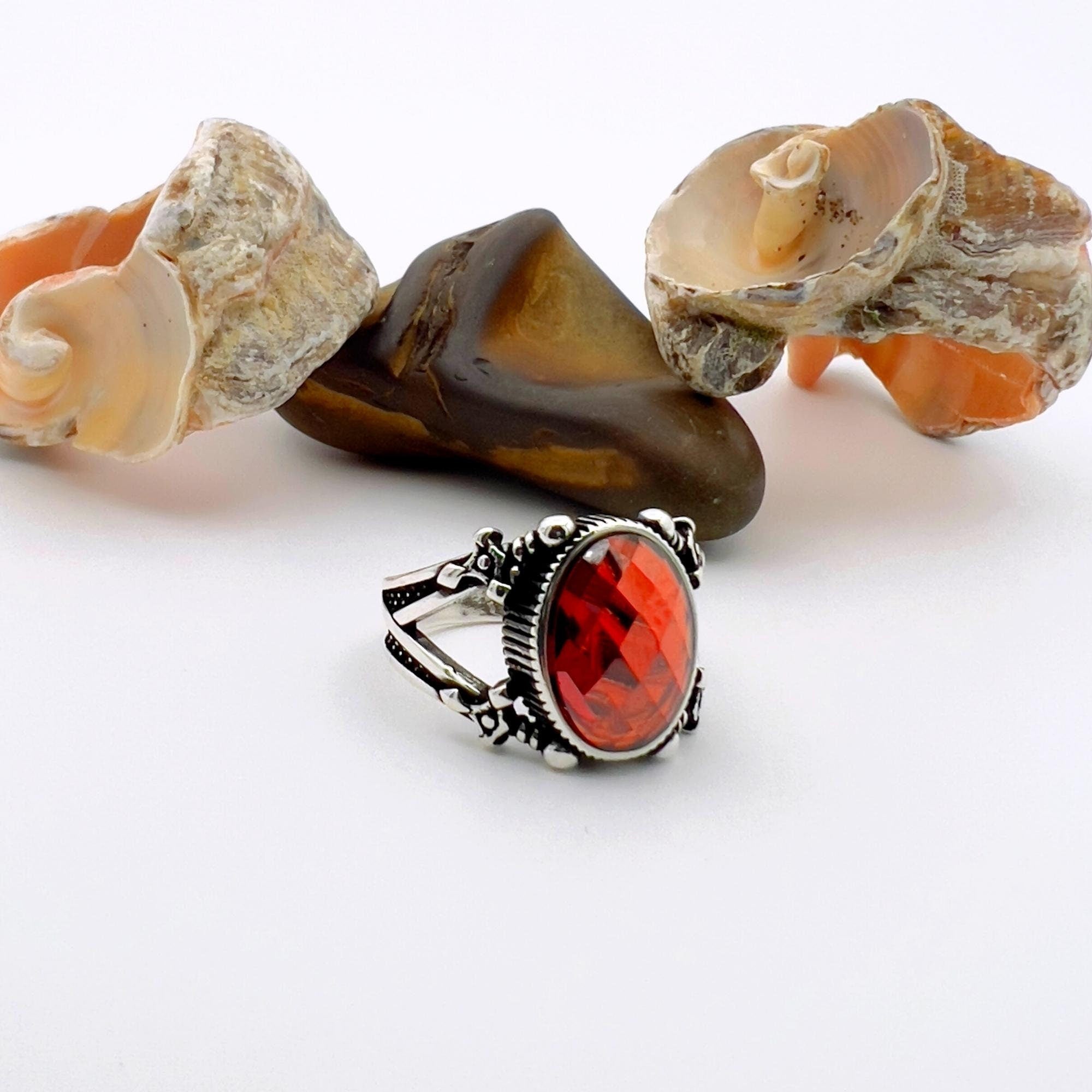 Men's 925 Sterling Silver Ring with Vibrant Red Zircon Stone - Classic Turkish Design