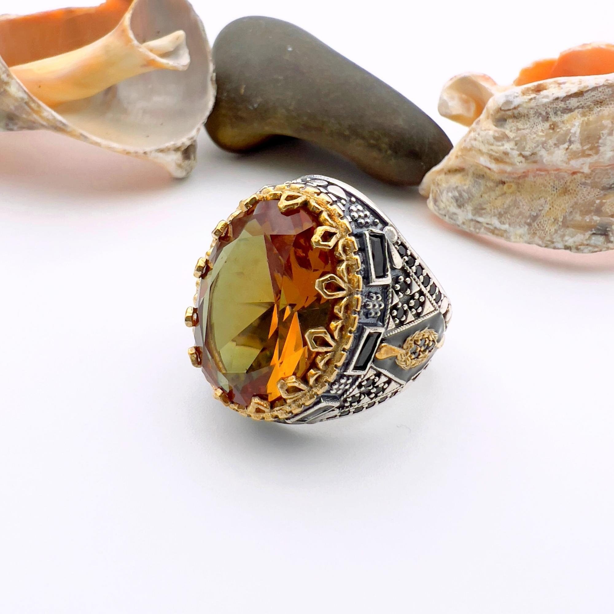 خاتم رجالي أصلي تركي مصنوع يدويًا من الفضة الإسترلينية 925 بحجر الزولتانيت - هدية مجوهرات فاخرة